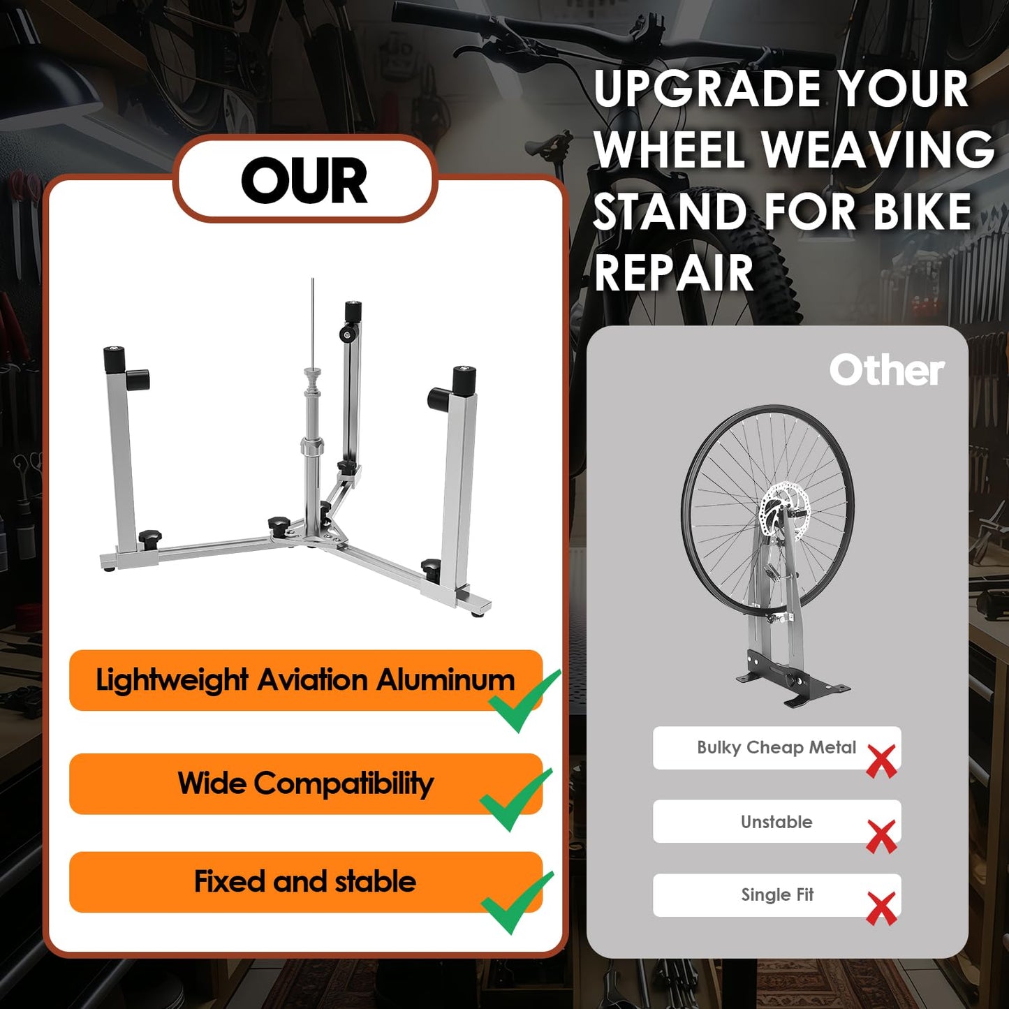 Moroayop Wheel Weaving Stand for Bike Repair – Smooth 360° Rotating Bike Wheel Truing Stand, Foldable Aluminum Alignment Tool with Rim-Safe Rollers, Fits MTB, Road & 700C (Thru Axle & QR)