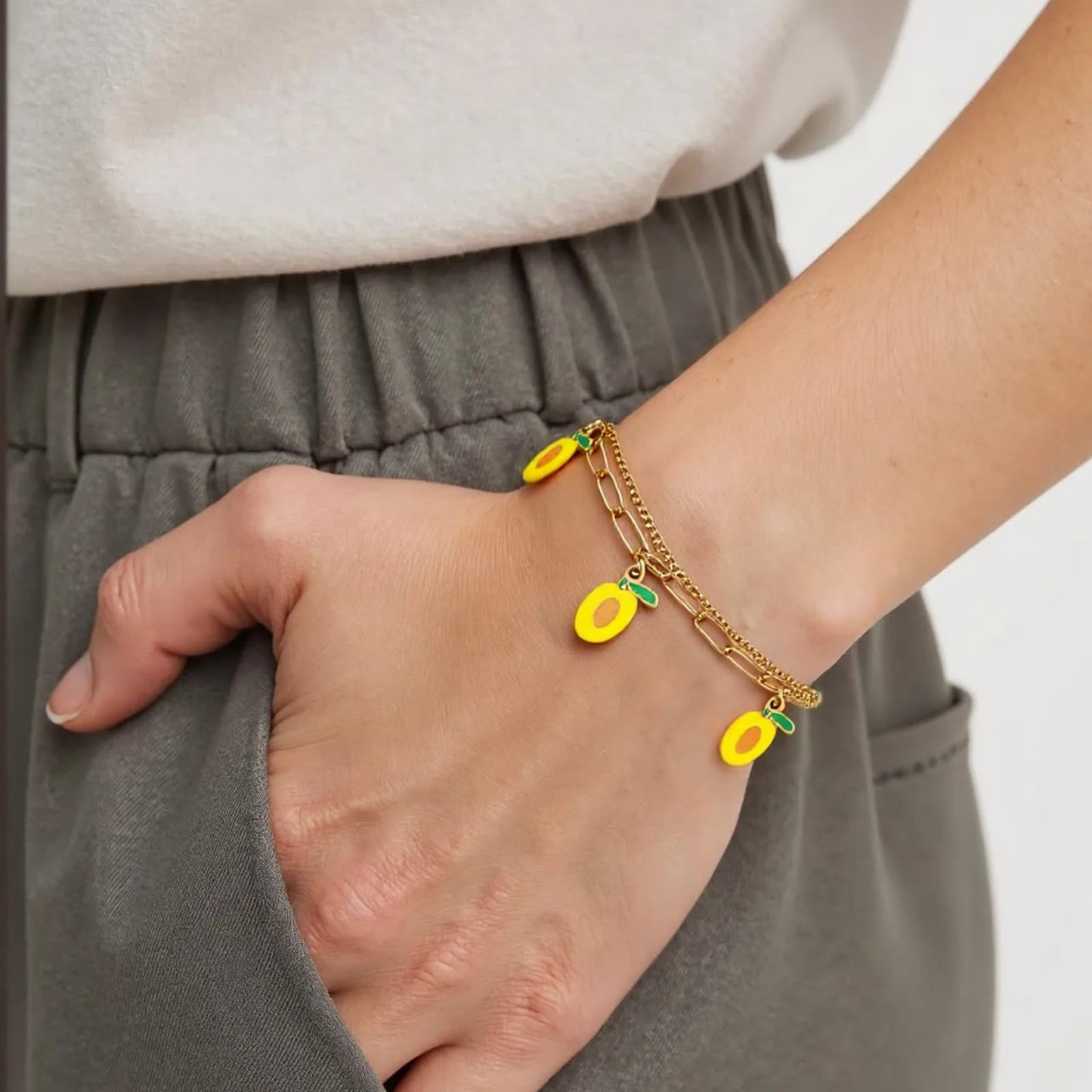 LCTrusttmor Gahna Mango Bracelets for Women, 18K Gold Plated Mango Fruit Charms with Adjustable Layered Chain Link for Women Summer Jewelry Gifts