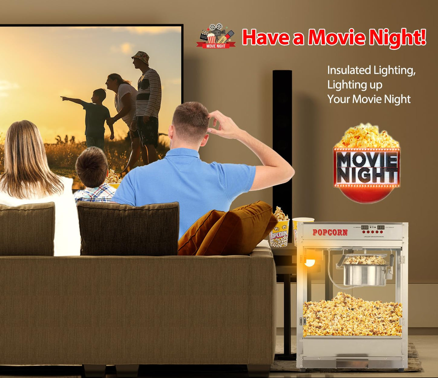 RIEDHOFF 8 OZ Popcorn Machine, [3 Mins Get 40 Cups] [Temperature Control] [Digital Display] Popcorn Maker Machine with 10 Pcs Popcorn Buckets, Old Fashion Movie Theater Style- Sliver