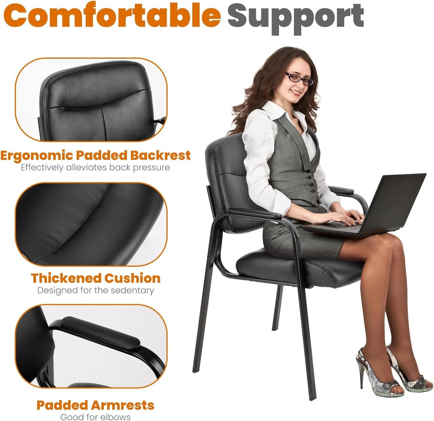 Sweetcrispy Office Reception Guest Chair No Wheels Set of 6, Leather Stationary Waiting Room Chairs with Padded Arms for Elderly Desk Conference Room Lobby Table Side Salon