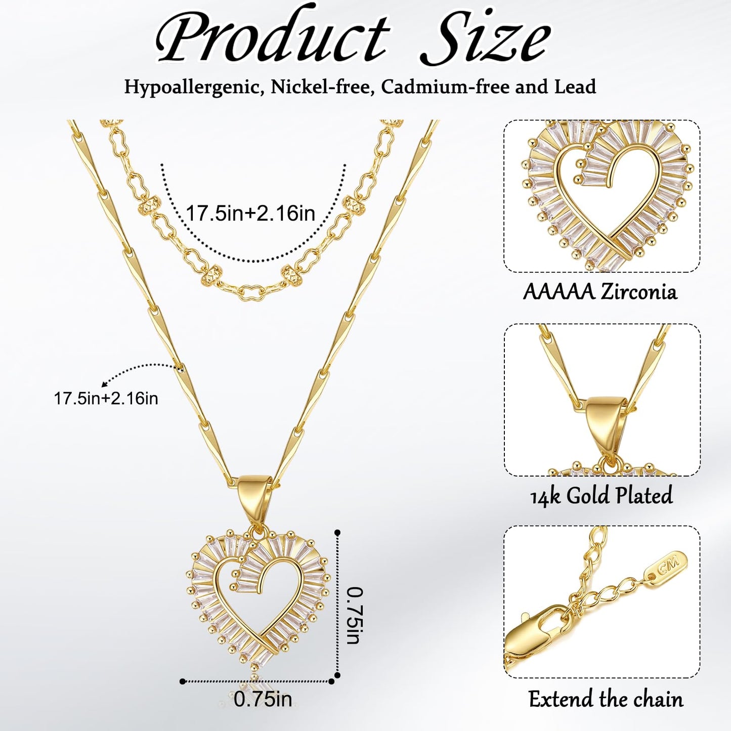 MEIITRUE Heart Necklaces for Women Trendy 14k Gold Plated Dainty Layered Necklace Set Cubic Zirconia Pendant Choker Beaded Chain Stackable Jewelry Gifts for Her