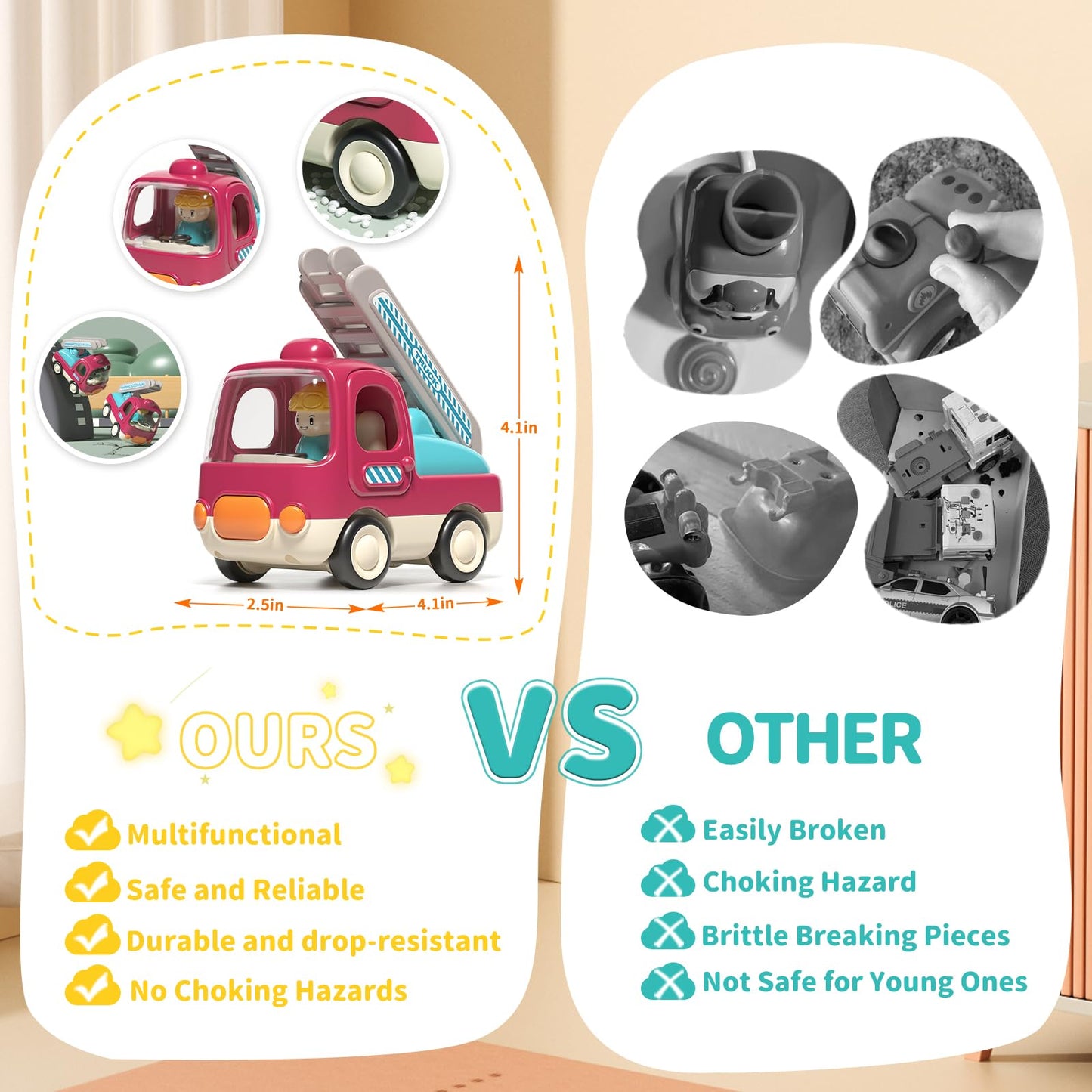 PANITU Baby Toys Push Cars for 1 2 3 Year Old 2 Pack Friction Powered Airplane Fire Trucks for Toddlers 1-3 Lights and Musical Toys for 1 Year Old First Birthday Gifts for Toddler