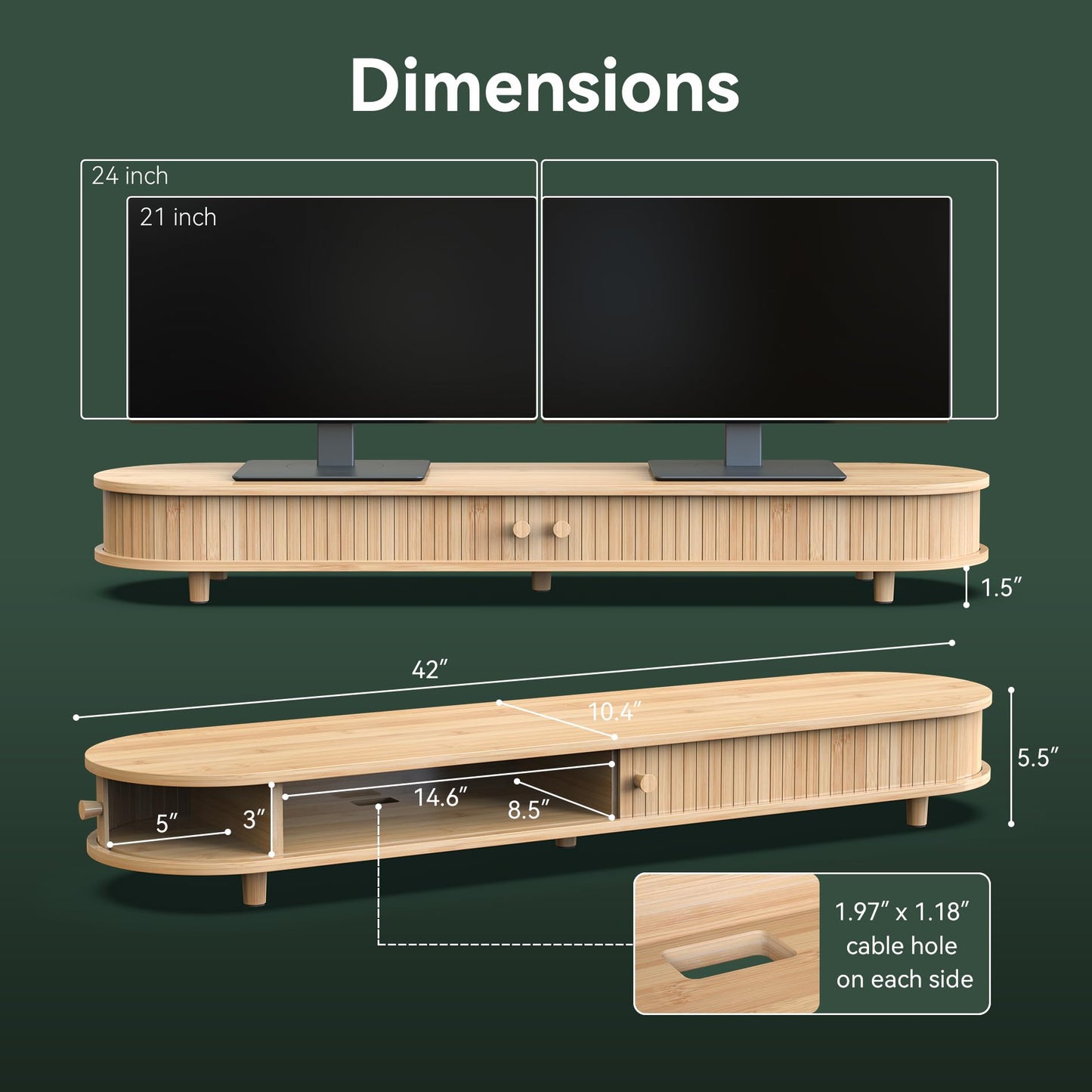 WELL WENG Bamboo Dual Monitor Stand with Storage, Curved Double Computer Laptop Stand Desk Shelf Organizer with Sliding Doors (42 inch)