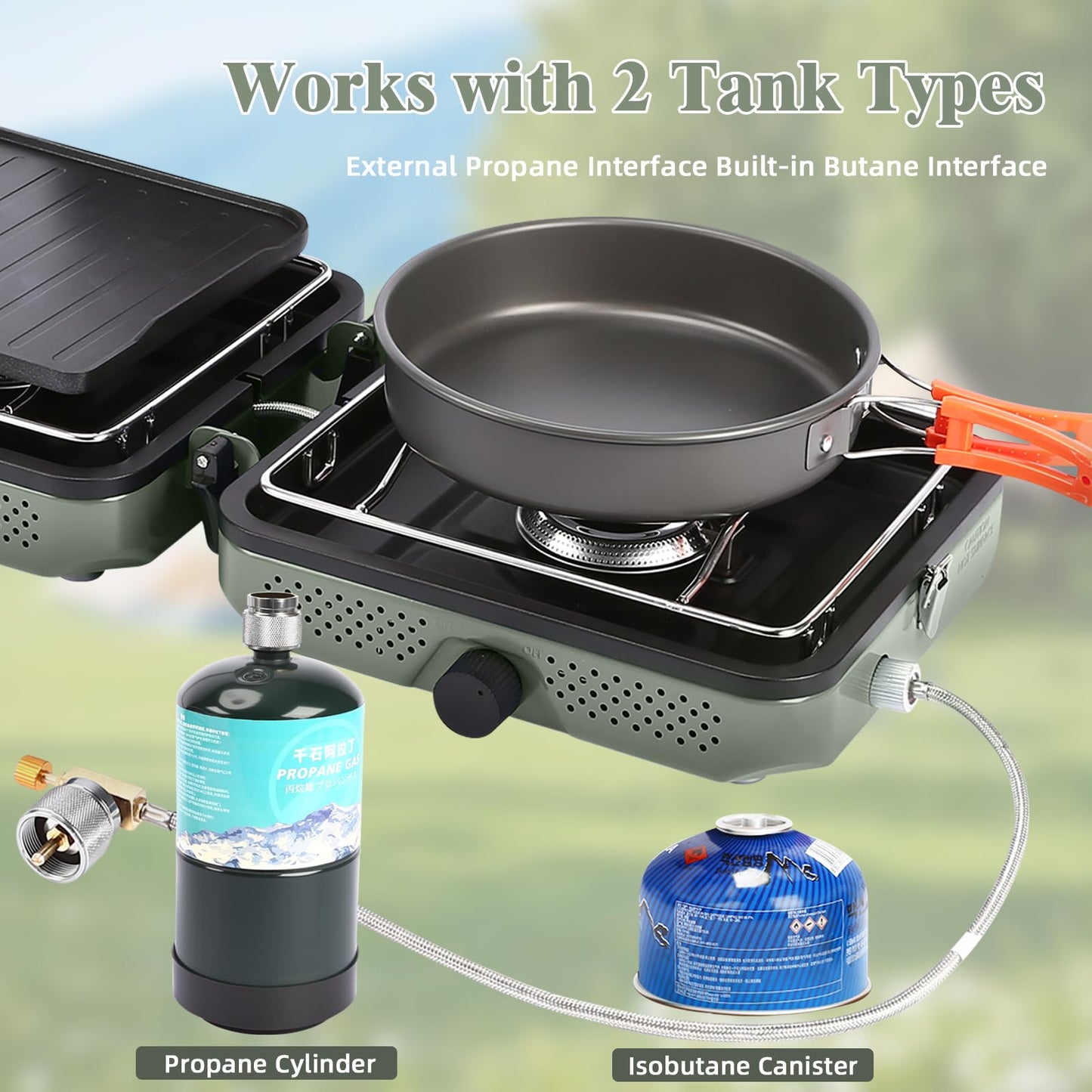 Hisencn Camping Stove,2 Burner Propane Camping Stove with Cookware Set,30,000 BTU Foldable Portable Gas Stove with Carry Bag,Outdoor Cooking Stove for Camping Gear,RV Essentials & Emergency,Green