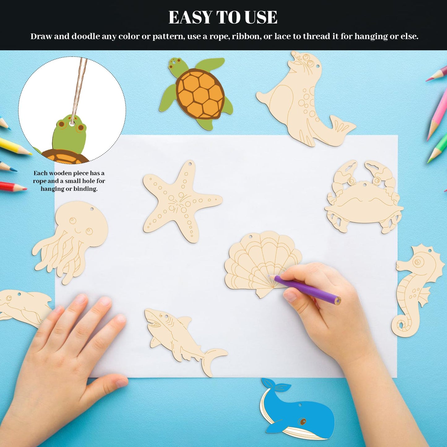 Subacy 80 PCS Unfinished Wood Cutouts 10 Styles DIY Wooden Ocean Ornaments, Wooden Art Craft Painting Kit for Kids, Birthday Easter Creativity Arts & Crafts, Sea Animal Shape