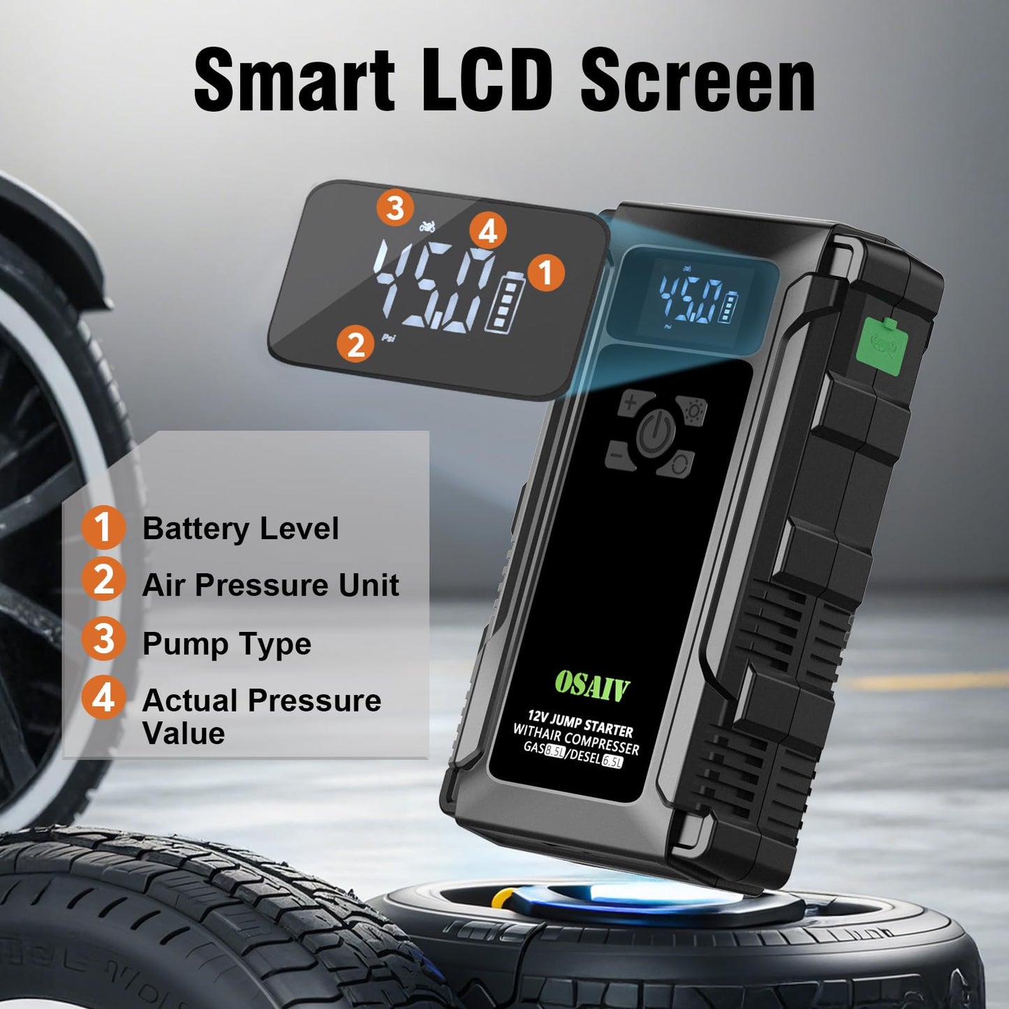 osaiv Jump Starter with Air Compressor, 3000A Car Battery Jump Box for 8.5 Gas/6.5L Diesel Vehicles, 150PSI Tire Inflator Auto-Shutoff, 10 Safety Modes, 3-Mode Emergency Light