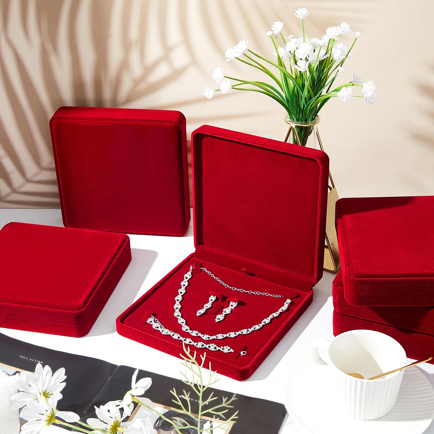 Yinkin 6 Pcs Velvet Jewelry Set Box Jewelry Display Case Earring Ring Bracelet Necklace Gift Box Pearl Necklace Storage Case for Mother's Day Wedding Travel Anniversary(Wine Red)