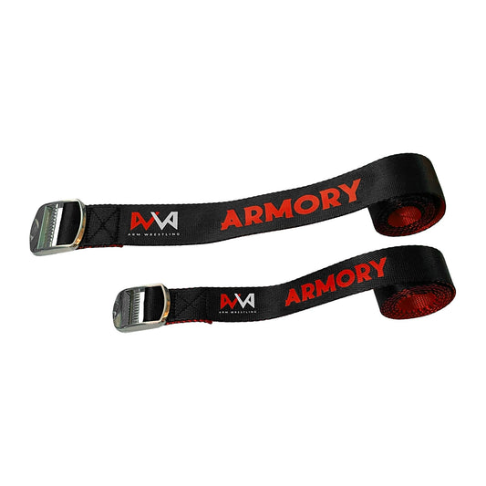 Arm Wrestling Strap Armory | Dual Color for Fair Setup | 45 Inch Long Metal Buckle | Smooth Rock Climbing Premium Grade Nylon | Pronation Supination Hand Forearm Grip Strengthener Belt | Black and Red (1 inch + 1.5 inch)