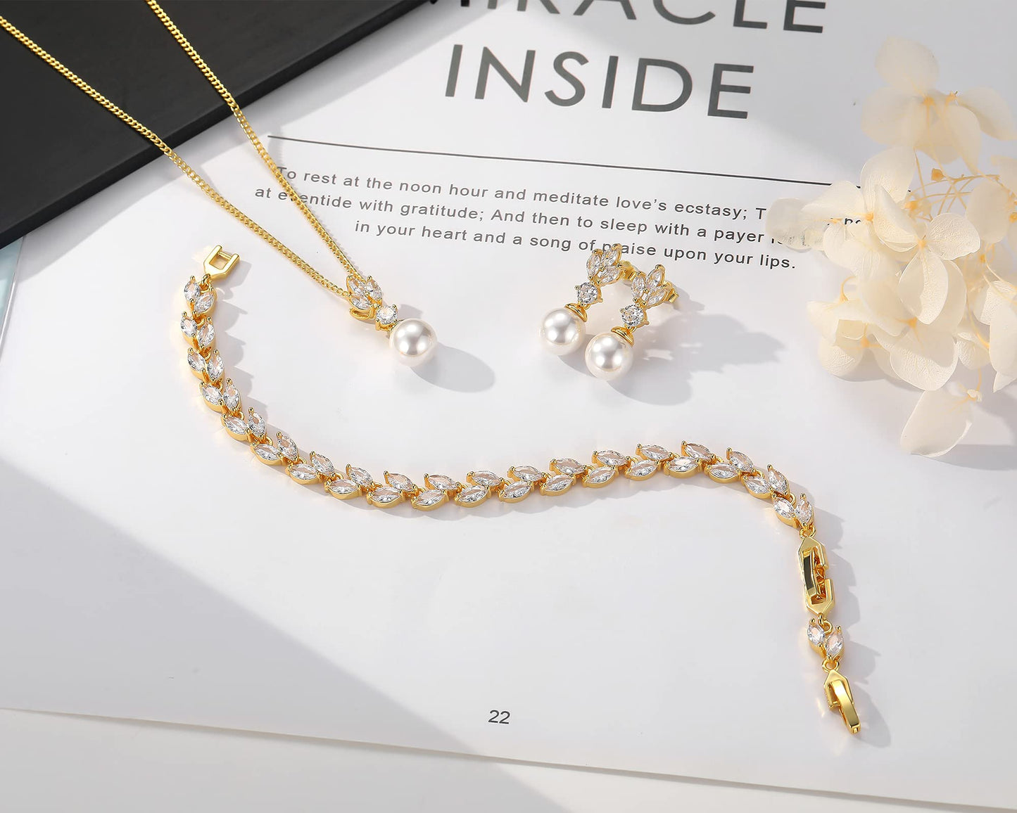 IDASANY Wedding Jewelry for Bride Bridesmaid, Pearl Dangle Earrings and Pendant Necklace Set Bridal Jewelry for Promise Wedding Party, 1 Set, Gold
