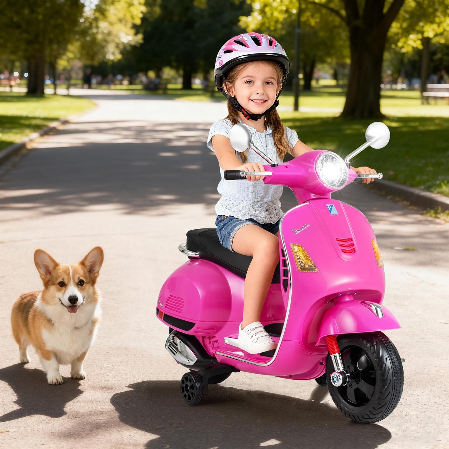 Costzon Toddler Motorcycle, 12V Licensed Vespa Ride on Motorcycle with Training Wheels, LED Headlight & Horn Sound, Ride on Toy, Battery Powered Motorbike, Gift for Boys & Girls (12V,Rose Pink)