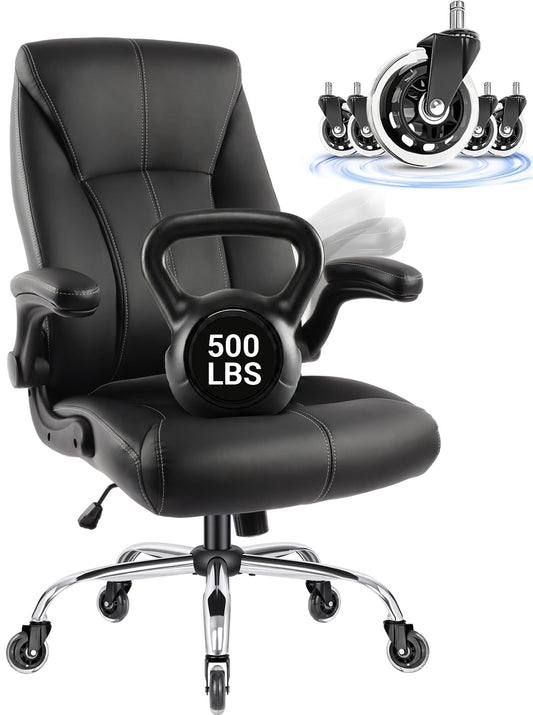 FAMSINGO Big and Tall Office Chair for Heavy People, 500LBS High Back Extra Wide Executive PU Leather Office Chair with Flip-Up Armrests, Quiet Rubber Wheels, Comfortable Home Office Desk Chair