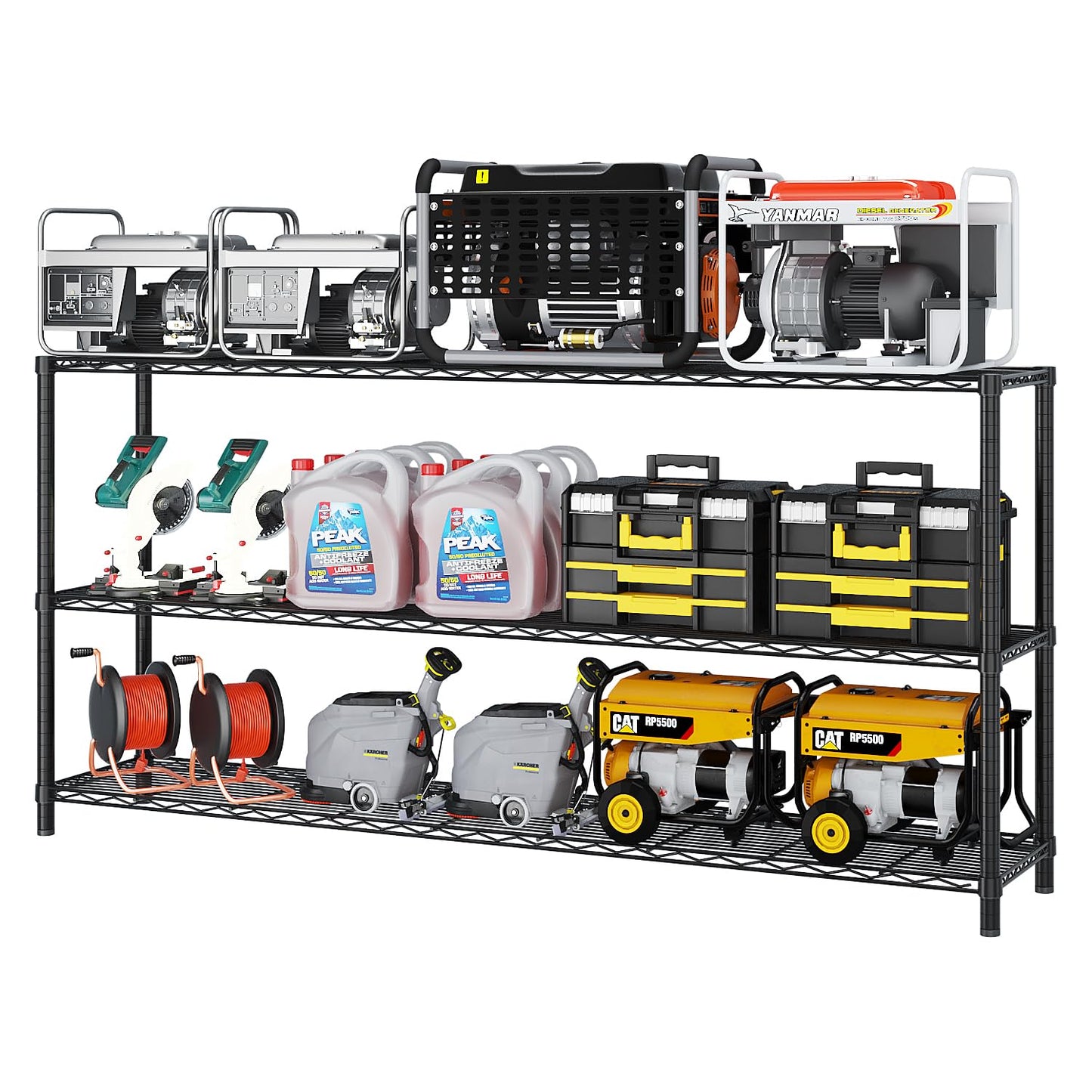 Flibaluly 150x45x213cm Industrial 6-Shelf Garage Storage Cabinet, Adjustable Utility Shelves with Casters, Powder-Coated Black Iron Heavy Duty Display Stand for Warehouse, Pantry, and Retail