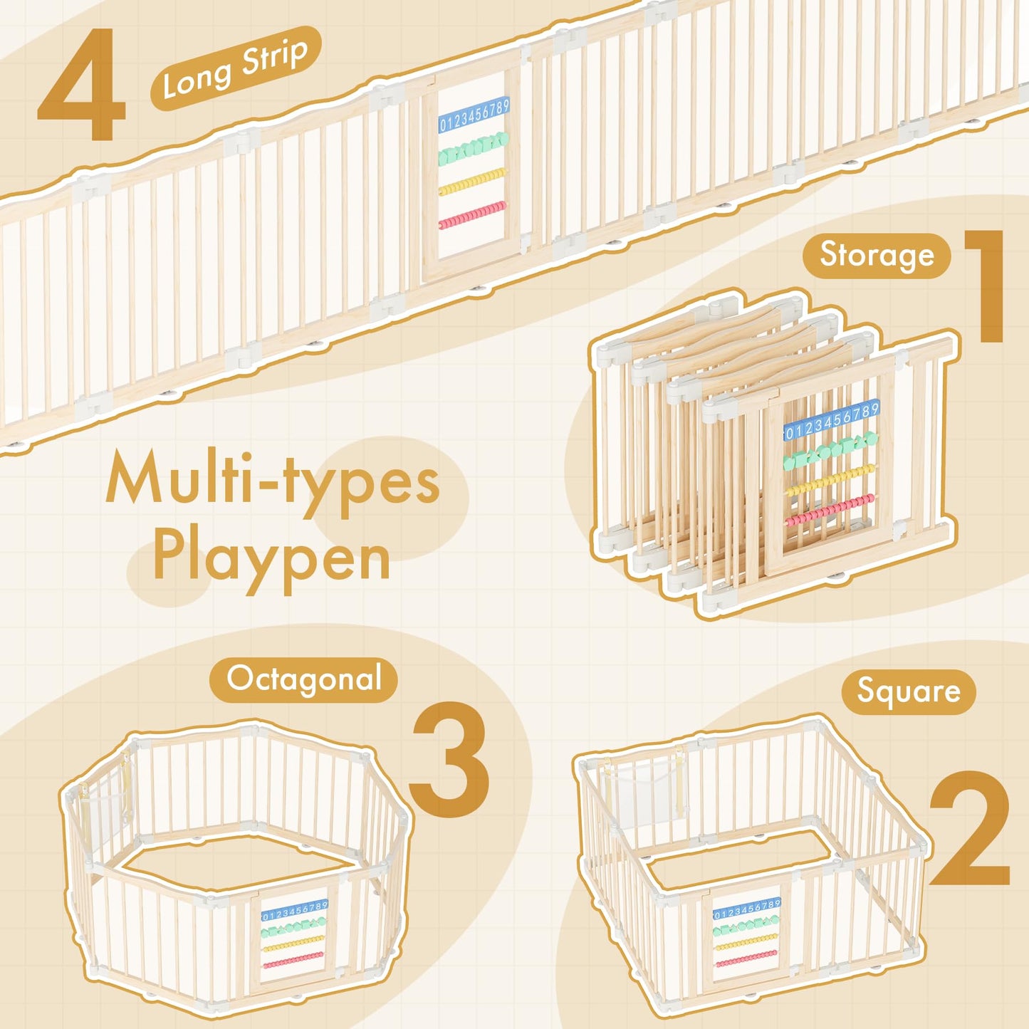Atoping Wooden Baby Playpen 50 × 50 Inches, Foldable Playpen Fence with Cute Digital Blocks & Storage Bag, Wooden Baby Gate, Multi-Shape Play Yard for Babies and Toddlers Indoor Outdoor