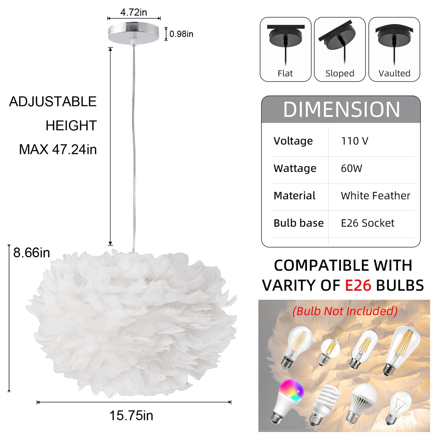 ZYLEISENBAO Chic White Feather Pendant Lights 15.8" Nordic Romantic Feather Chandeliers Mordern Dining Room Light Fluffy Hanging Lamp for Girl Bedroom Kitchen Island Laundry Study Room Porch