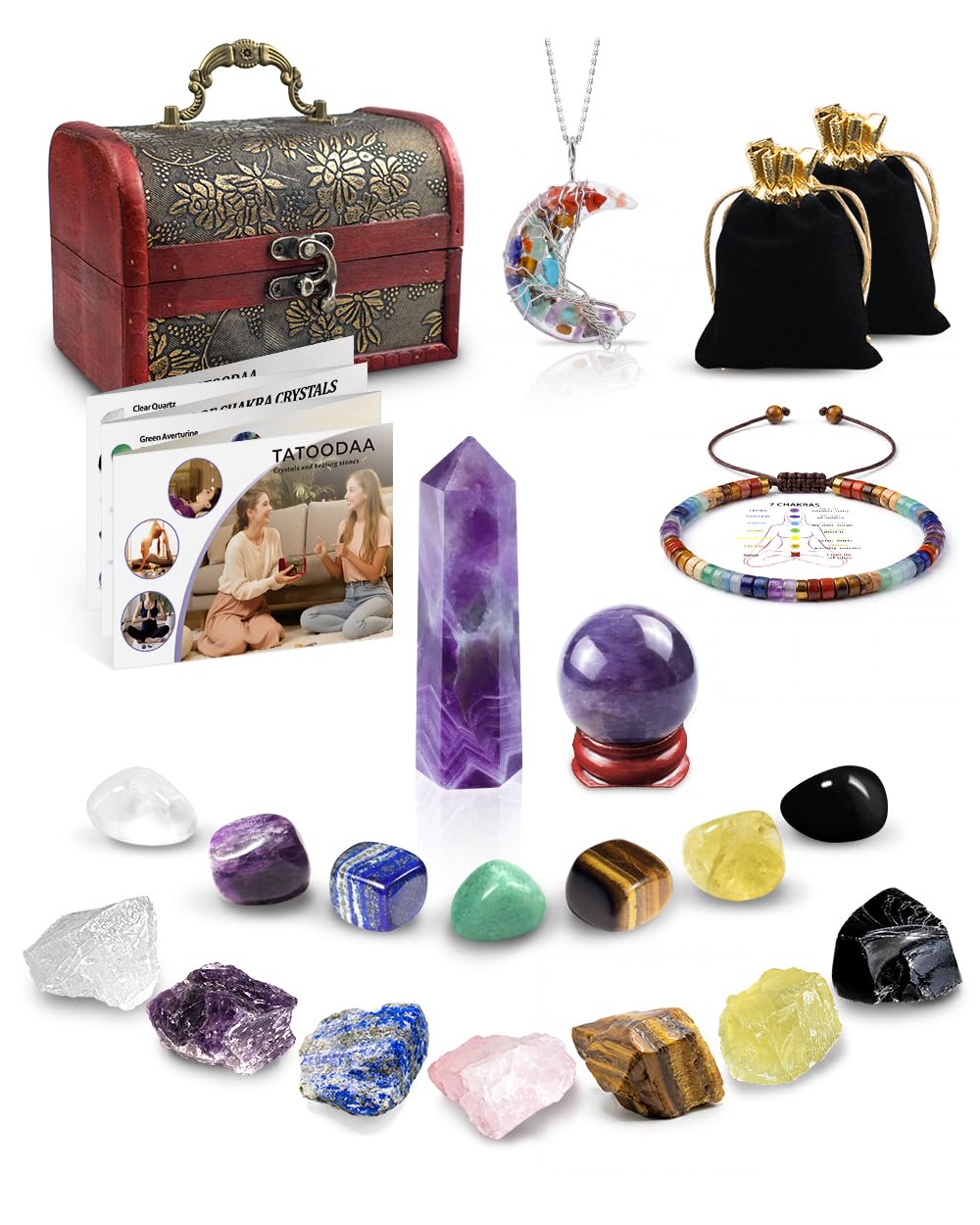 Chakra Healing Crystals Set - Crystals and Healing Stones, Chakra Bracelets, Amethyst Crystal Wand and Ball, 7 Chakra Stones Set, Energy Balance and Protection, Relief Anxiety Stress Gifts for Women