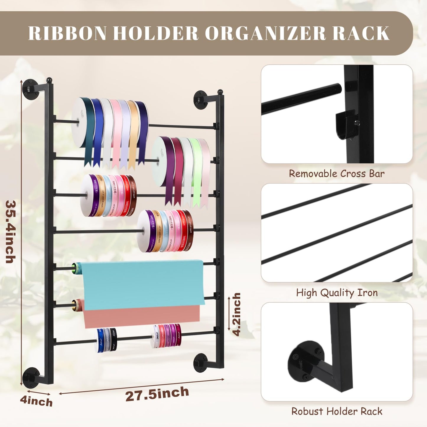 Yonynise Ribbon Storage Organizer,Wall Mounted Ribbon Holder Rack,7 Tier Large Capacity Metal Ribbon Storage for Craft Room,Flower Shop,Cake Shop,Gift Wrapping Paper,Black