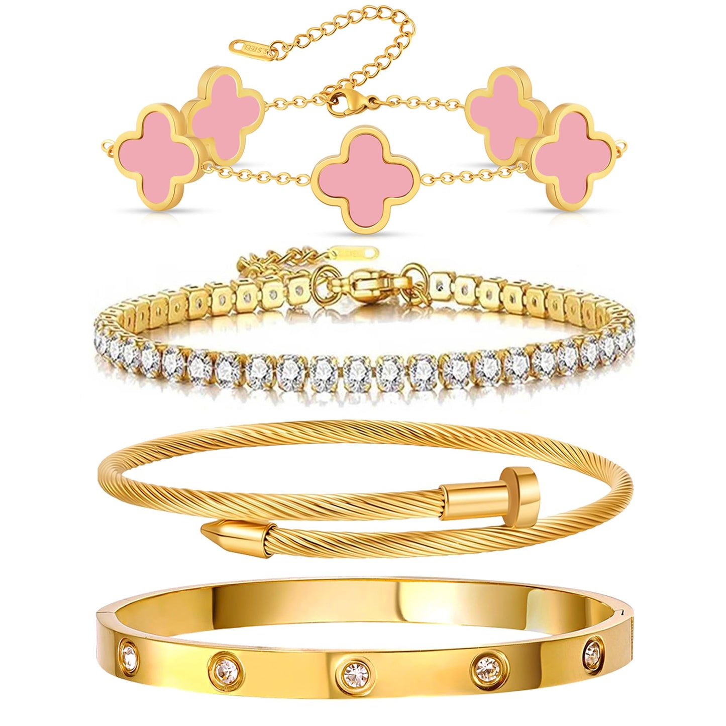 Gold Bracelets for Women, 18K Gold Plated Women Tennis Bracelets Clover Nail Love Bangle Bracelet Set, Gold Bracelet Stackable Set Trendy Jewelry, Gifts for Women's Day and Mother's Day (08-Color-4 Pink)