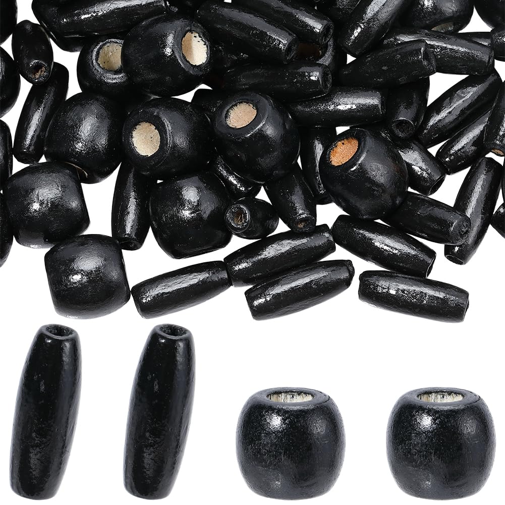 PONABEADIY 2 Styles 200PCS Natural Black Wooden Beads with Hole Oval Barrel Wood Handmade Dyed Macrame European Charms Loose Bead for Jewelry Making Bracelet Hair Braid Christmas DIY Crafts Supplies