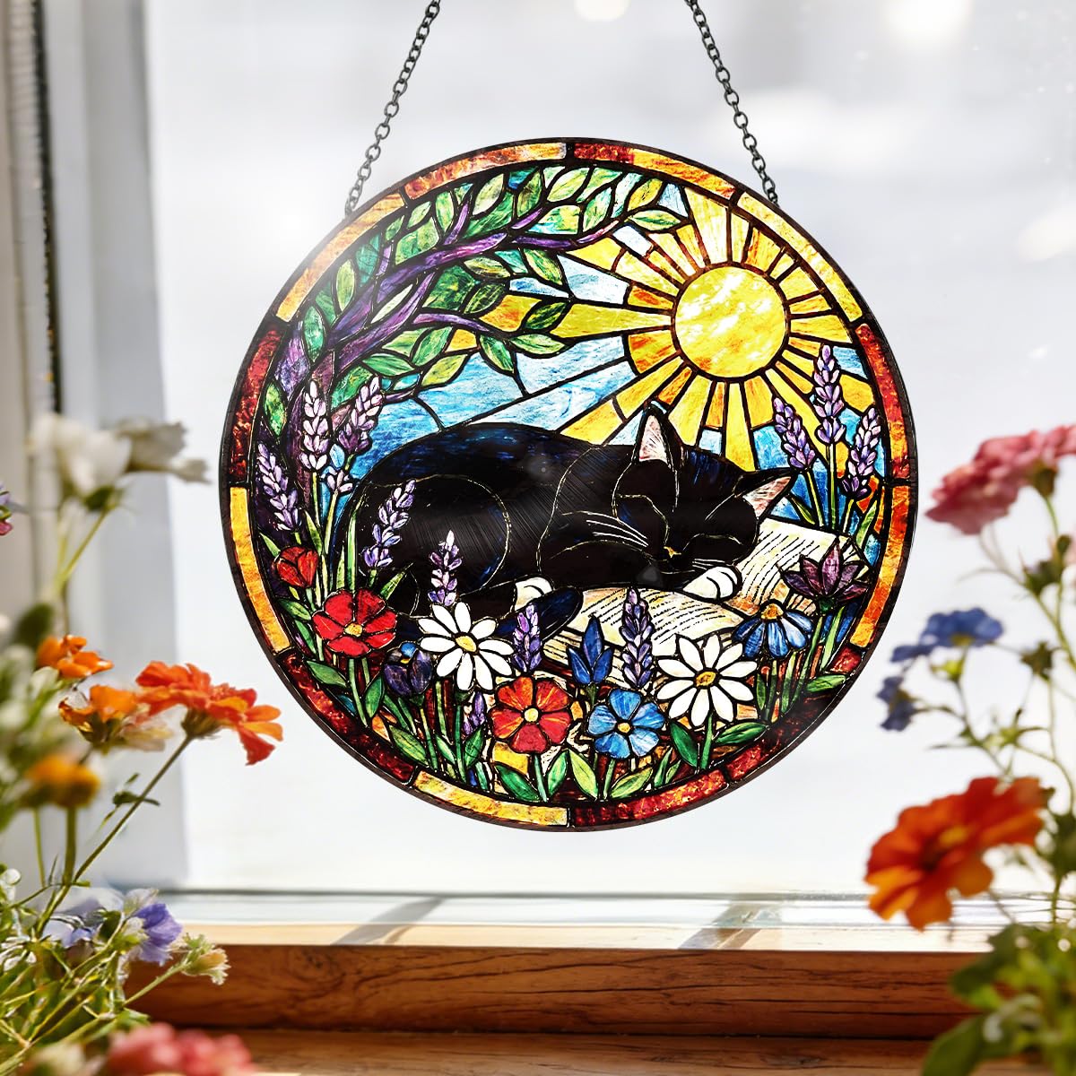 Riletese Stained Glass Window Hanging – Cat & Book Lover Gifts for Women Men, Sleeping Cat Suncatcher, Glass Ornament for Reading Room Home Garden Decor, Christmas Mother's Day Birthday Gifts, 8 Inch