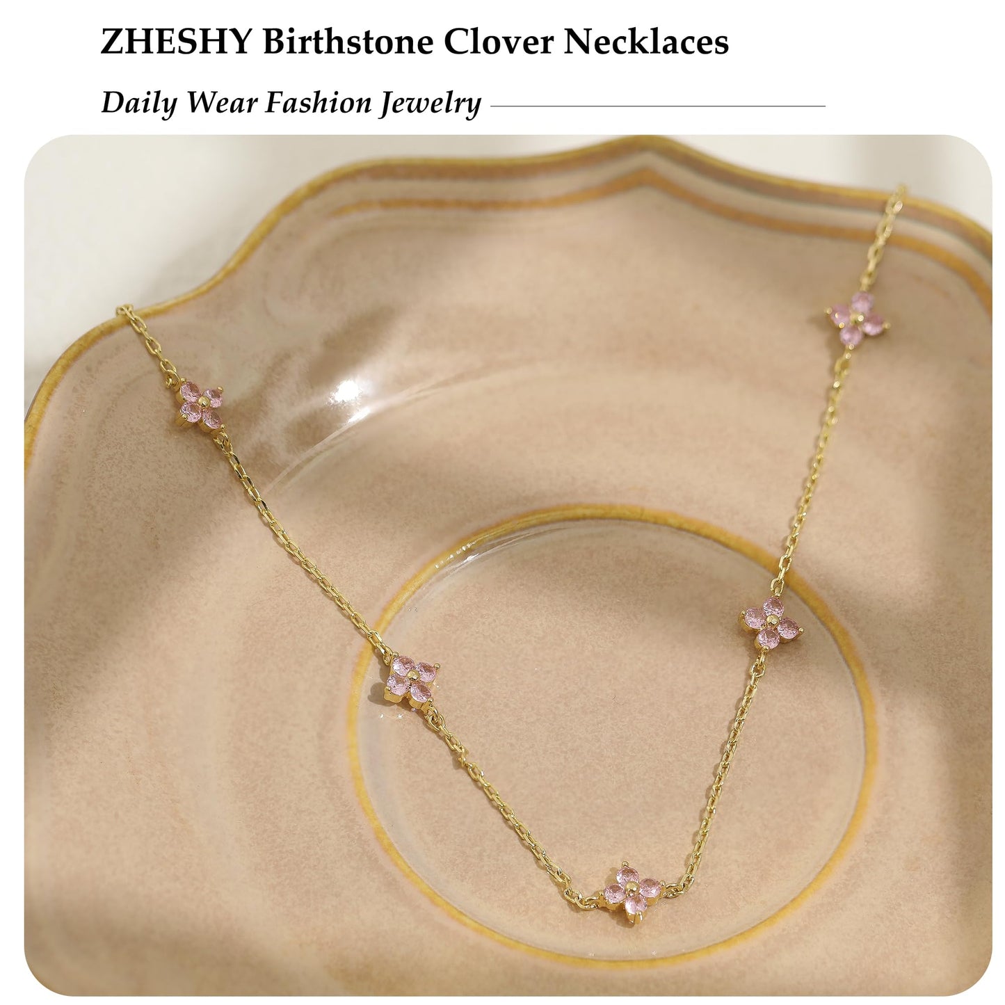 ZHESHY Birthstone Gold Necklace for Women Dainty Non Tarnish 14K Gold Plated Clover Necklaces Pink CZ Station Choker Necklace Birthday Gifts Womens Gold Jewelry