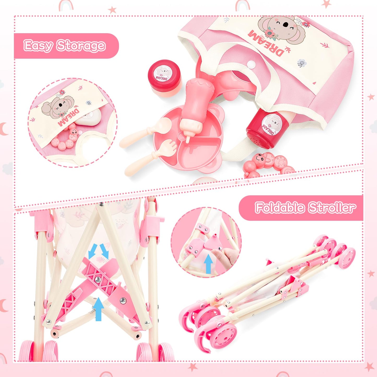 deAO Baby Doll Stroller Toys with 12" Baby Doll Accessories Crib Bed High Chair Nursery Role Play Set Play Mat,Travel Cot,Bouncer,Foldable Stroller,Travel Bag, Birthday Gifts for Toddlers Girls Boys