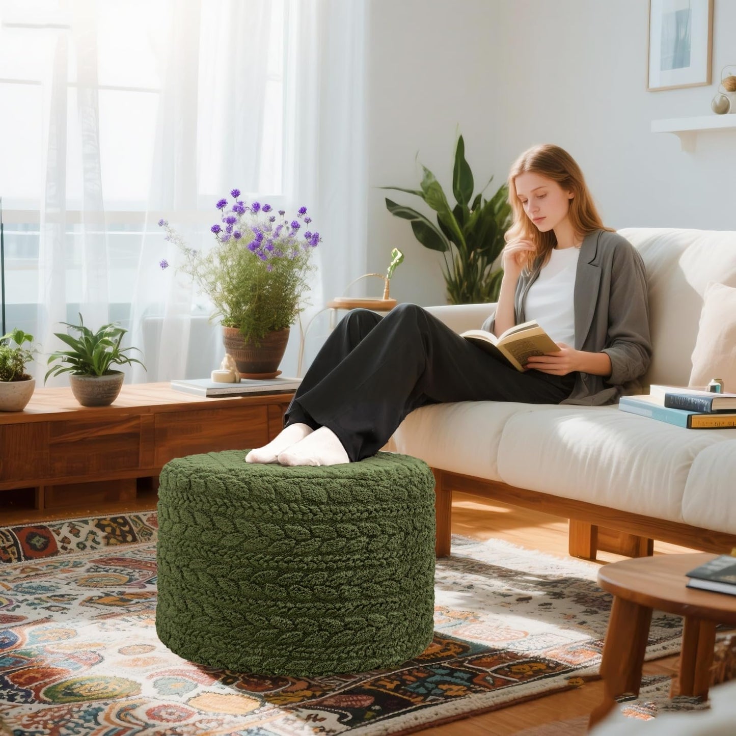 Round Pouf Ottoman 20 x 20 x 14 Inches Boho Poof Home Decor Floor Pouffe Ottoman Foot Rest for Couch Sofa Bean Bag Chairs Living Room Bedroom (Green)