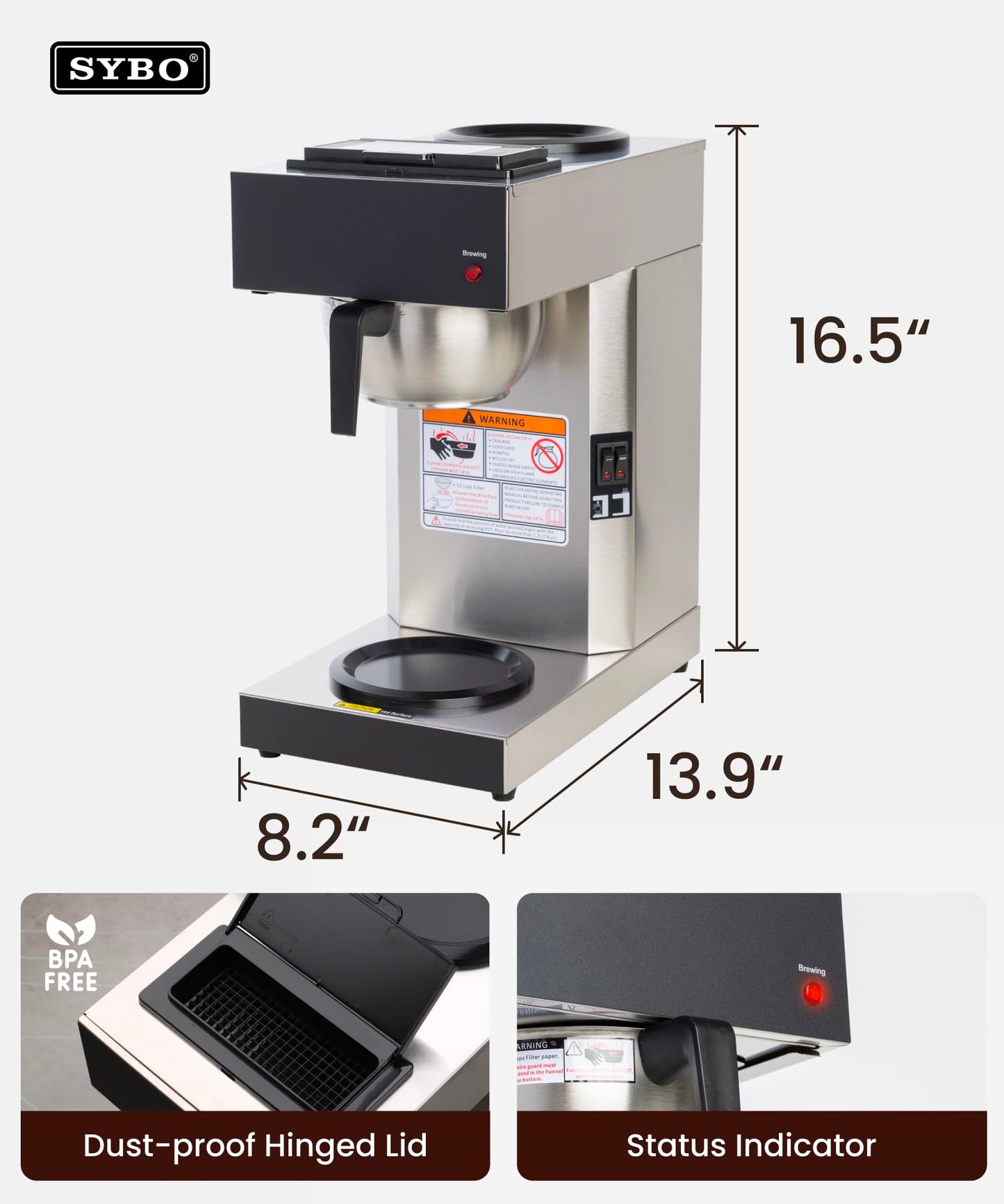 SYBO 12 Cup Coffee Maker Commercial, Pour Over Coffee Maker Brewer, Industrial Stainless Steel Cafetera with 2 Warmers