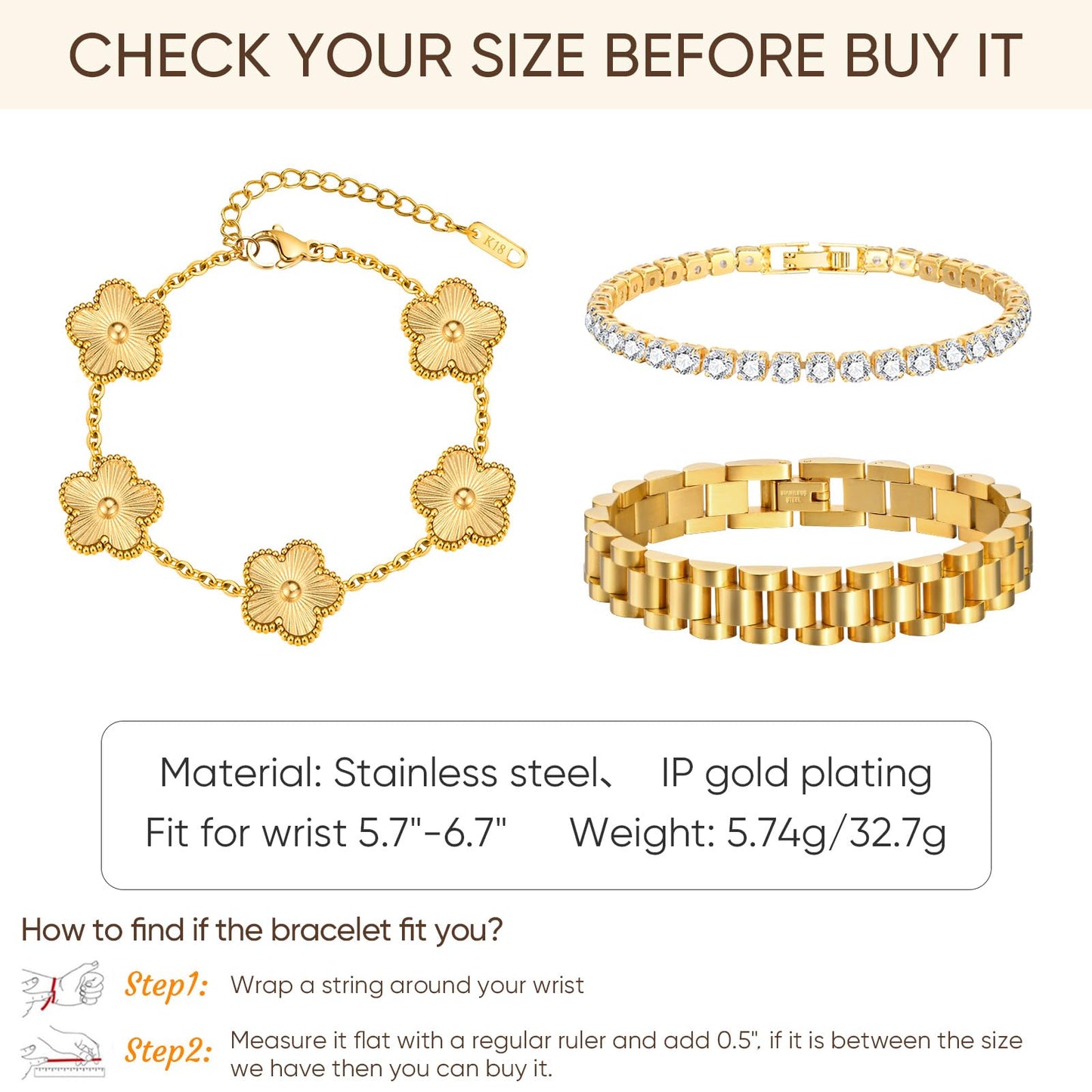 Stackable Gold Floral Bracelets Set - 3pcs 18K Gold Plated Bracelet Non-tarnish,Stainless Steel Link Chain Friendship Bracelet,Watch Band Trendy Jewelry,Christmas Valentines Birthday Gifts for Women