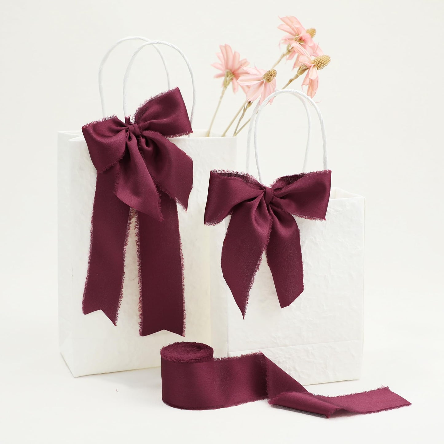 Keypan Burgundy Ribbon for Gift Wrapping, Silk Satin Chiffon Frayed Fabric Ribbons for Crafts Flower Bouquets Wedding Invitation Decor Christmas 1-1/2 Inch x 21 Yd