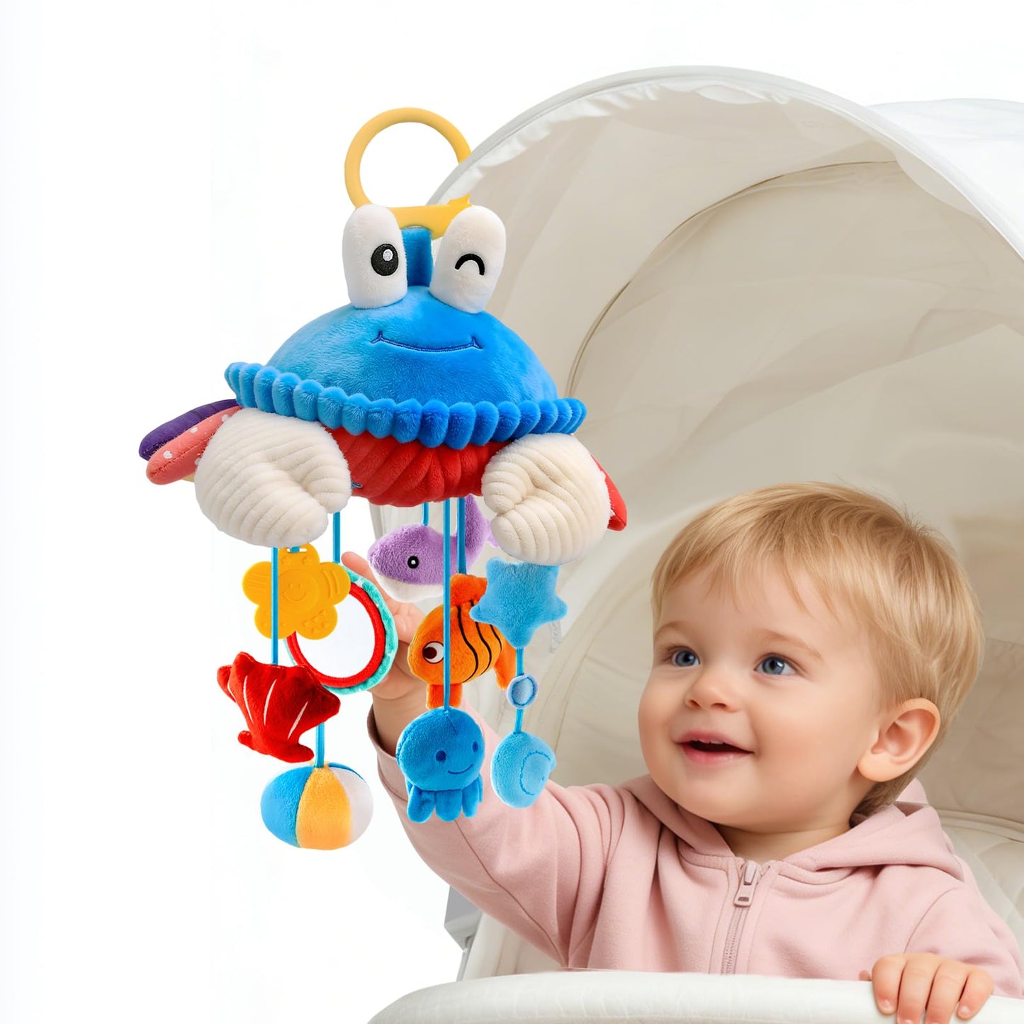 Car Seat Toys for Babies 0-6 Months, Hanging Sensory Crab Plush Toy for Stroller, Crib & Play Gym, Clip-On Montessori Infant Activity Toy with Mirror, Rattle & Teether, Newborn Baby Gifts 0-12 Months