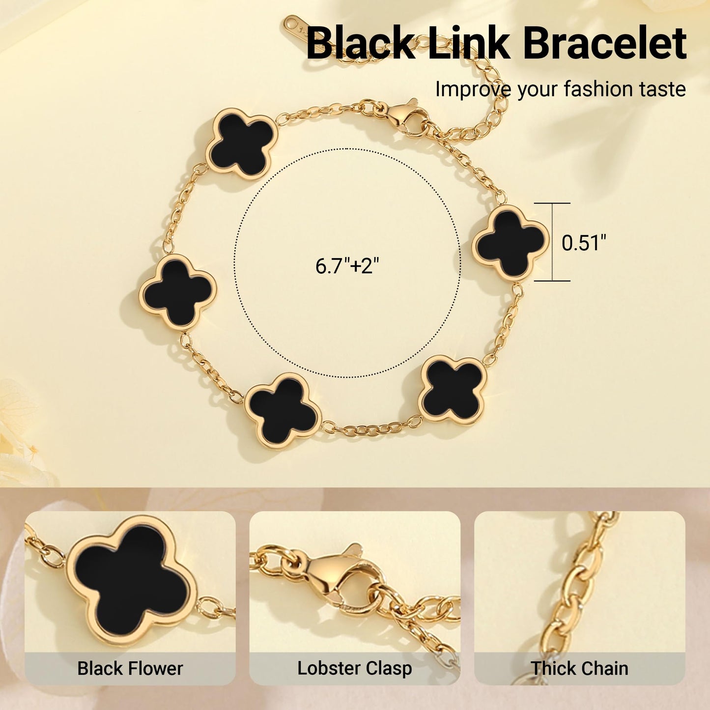 CORSMGSE 18K Gold Plated Clover Lucky Bracelet for Women Gold White Black Pink Green Red Blue Adjustable Double Sided Flower Four Leaf Link Bracelets Trendy Jewelry Gifts for Women Men