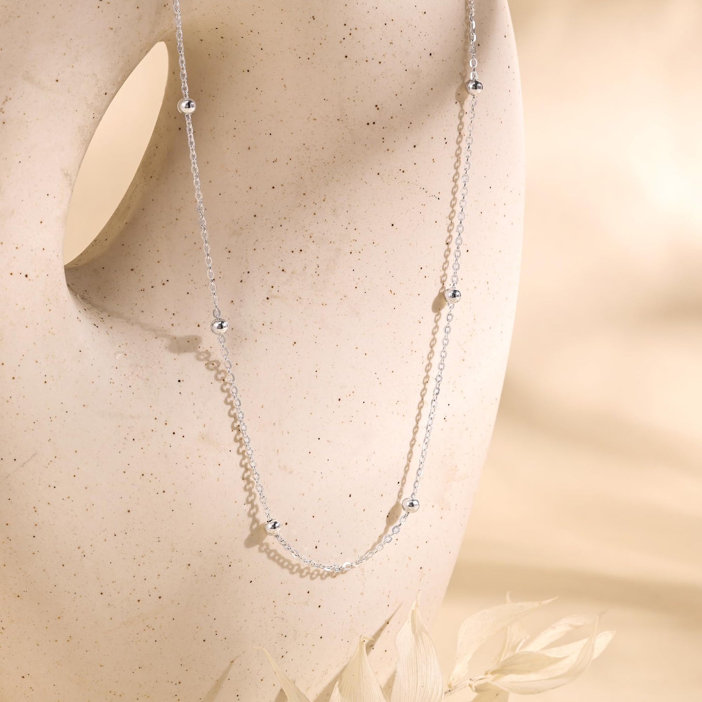 MBW 925 Sterling Silver Necklace for Women, Sterling Silver Beaded Chain Dainty Thin Choker Necklaces for Women Trendy Minimalist White Link Chains Necklace Waterproof Simple Small Cute Jewelry