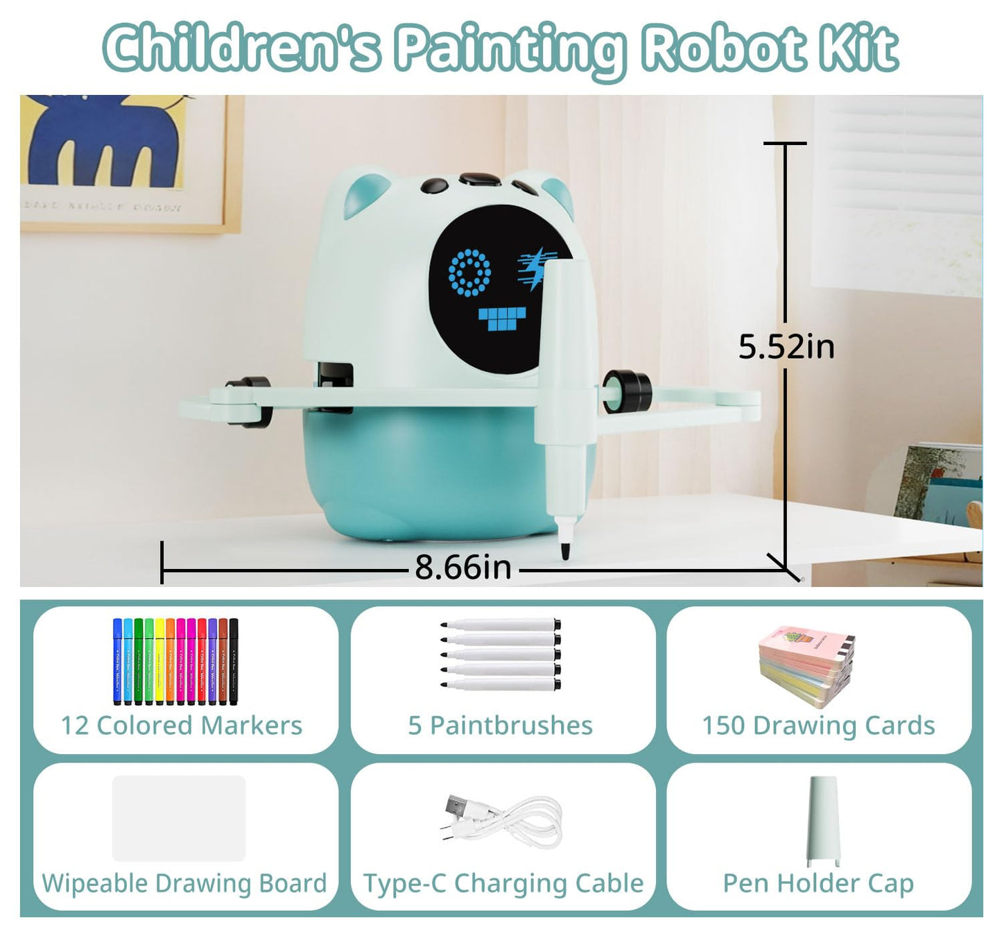 Drawing Robot for Kids with 150 Cards& 12 Color Pens，Montessori Drawing Learning Toys,Interactive Educational Robot Drawing Machine for 3 4 5 6 7 8 Year Old Boys Girls Christmas Birthday Party Present