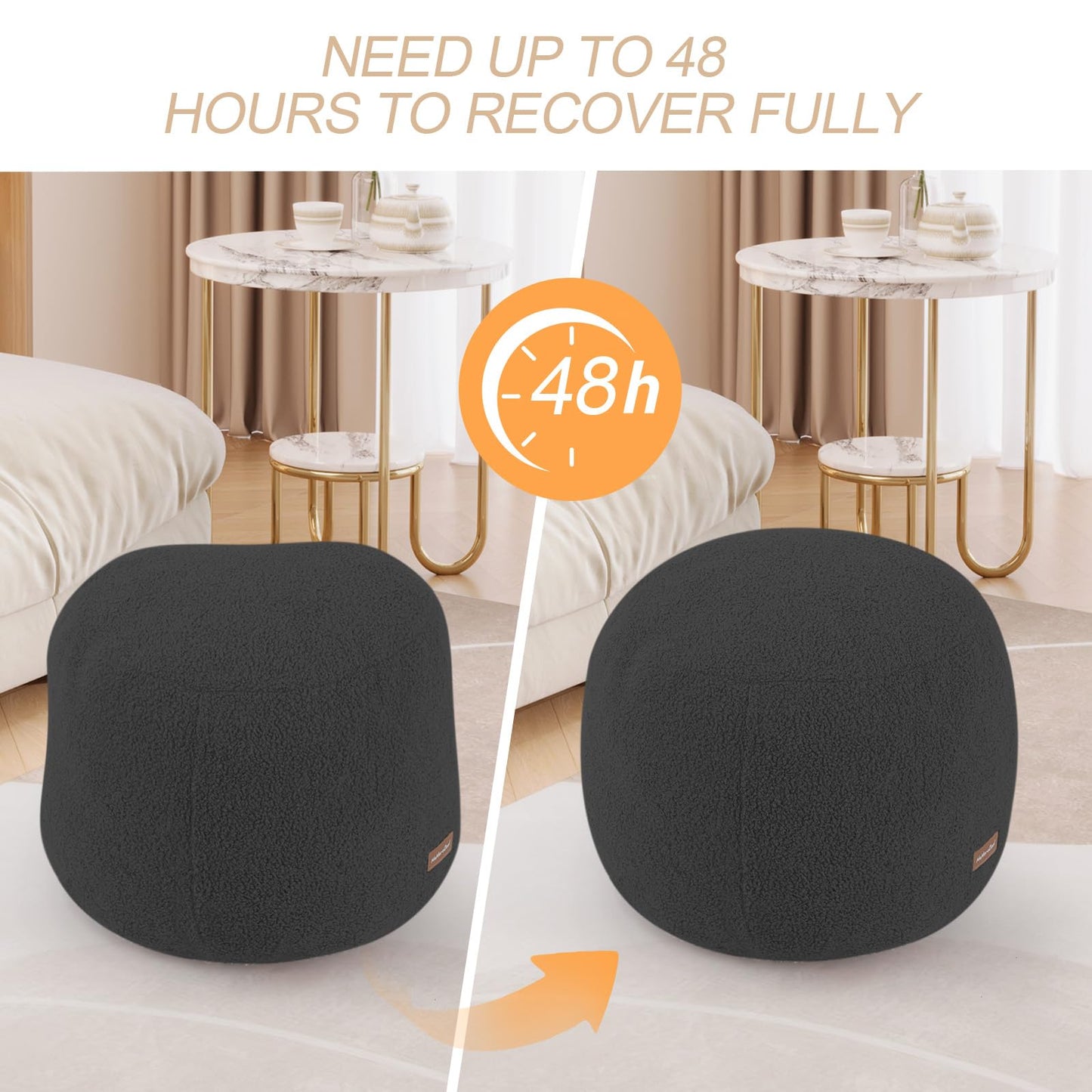 MeMoreCool Round Pouf Ottoman – 20x20x15 Inch Stuffed Footrest with Foam Filling, Dark Grey Small Circle Footstool for Living Room | Soft Teddy Fleece Cover | Washable Compact Floor Pouf