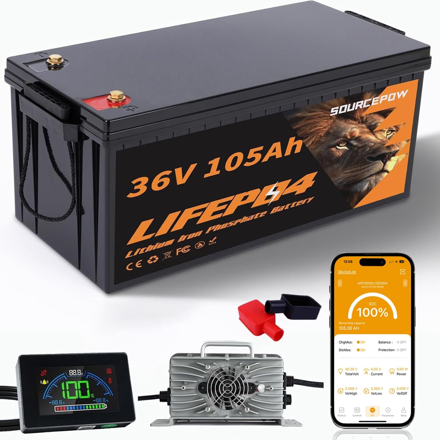 36V Lithium Golf Cart Battery, 36 Volt 105Ah LiFePO4 Battery with a 200A Smart BMS, LCD Display & APP Monitor, 25A Fast Charger, Max 7.68kW Power Output, Perfect for Golf Carts
