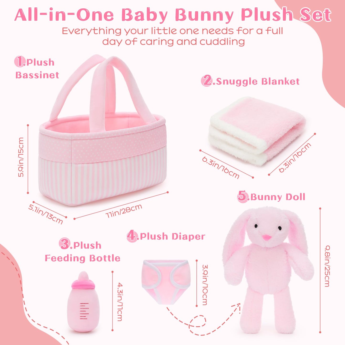 MaoGoLan 5pcs Baby Bunny Doll Set Bunny Plush Toys for Girls Kids, Pink Bunny Stuffed Animal with Doll Accessories (Bassinet/Diaper/Bottle/Blanket), Pretend Play Toys, Gift for Little Girls