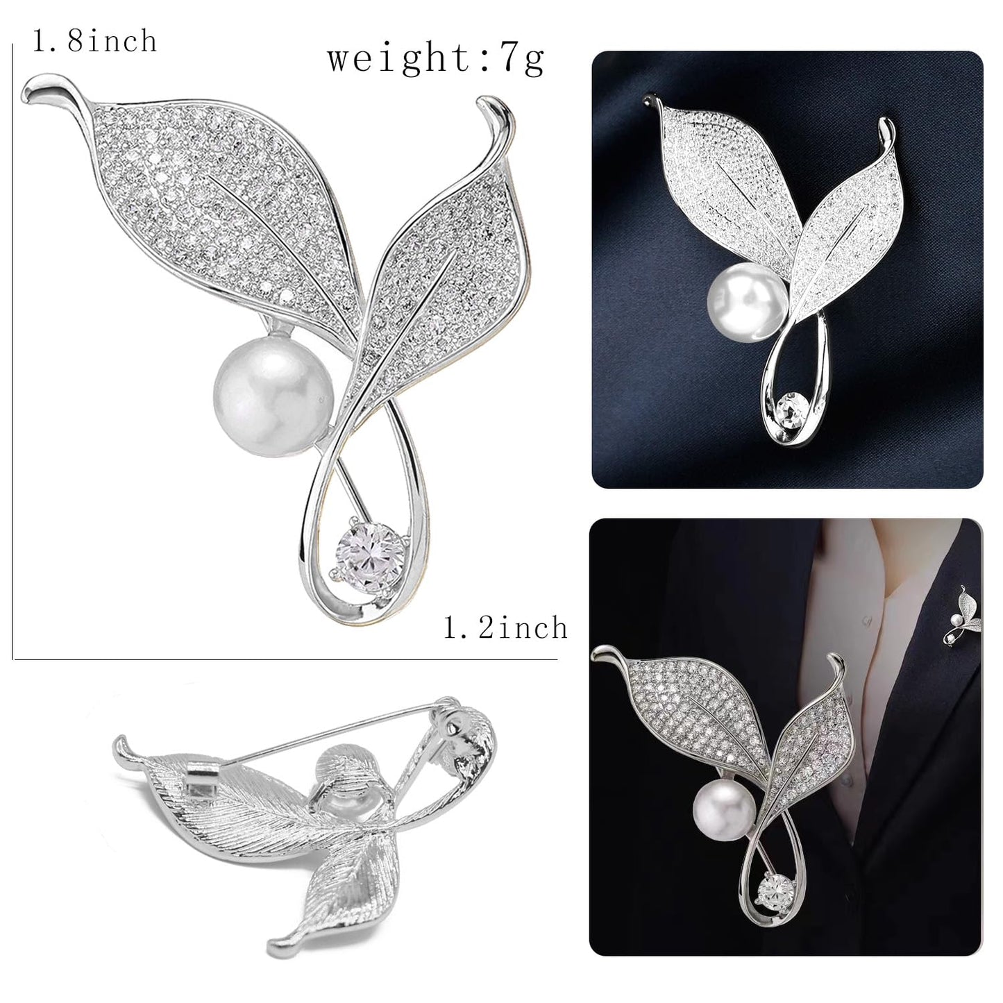 Gold/Silver Leaves Flower Crystal Brooches Pins Fashion Beautiful Created Rhinestone Pearl Leaf Brooch Good Idea for Party Dance Wedding Banquet for Elegant Women Girl (Silver Leaves)