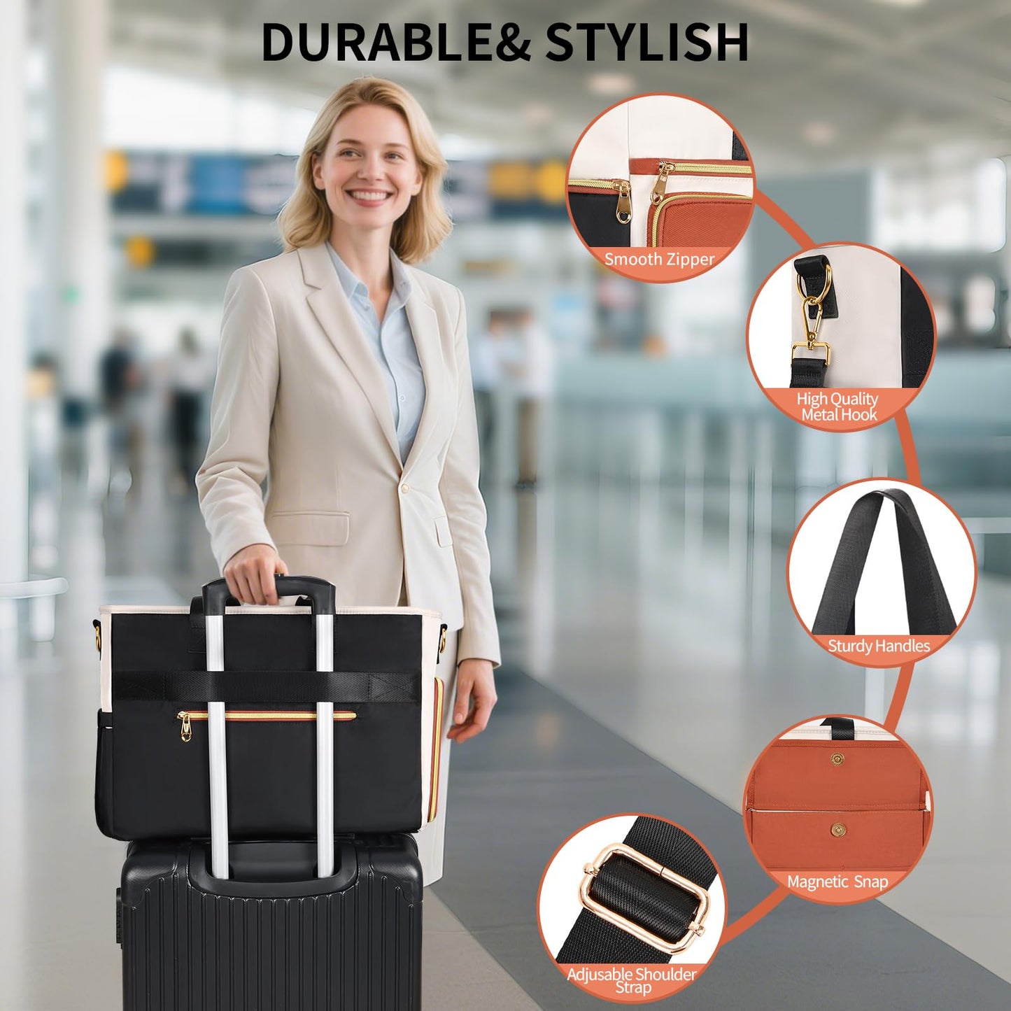 ESTARER Teacher Tote Bag for Women 2Pcs,15.6'' Laptop Work Bag Computer Bag w/File Folder & Insulated Pocket, Large Water-resistant Messenger Shoulder Bag for Office/Travel/College,Black-Beige-Brown