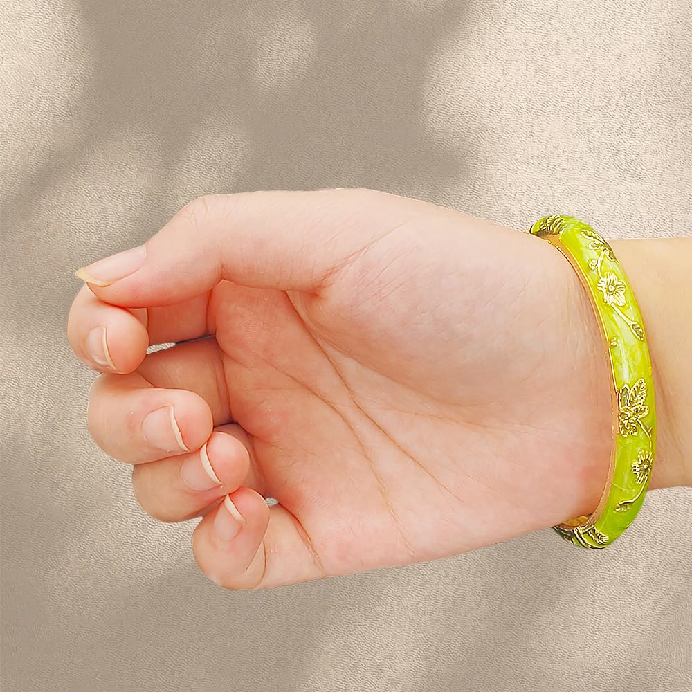 Cloisonne Bracelet For Women, Chunky Bangle Trendy Cute Flower Enamel Bangles Multi Tone Engraved Cuff Gold Plated Bracelets Stackable Wife Jewelry Friendship Gift (Dark Blue, One Size)