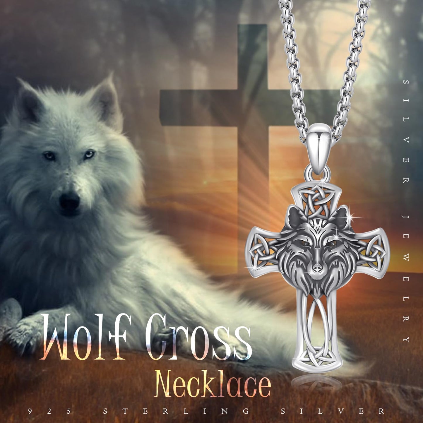 YEESIA Cross Necklace for Men 925 Sterling Silver Wolf Necklace Pendant Christian Protect Jewelry Wolf Gifts for Men Husband