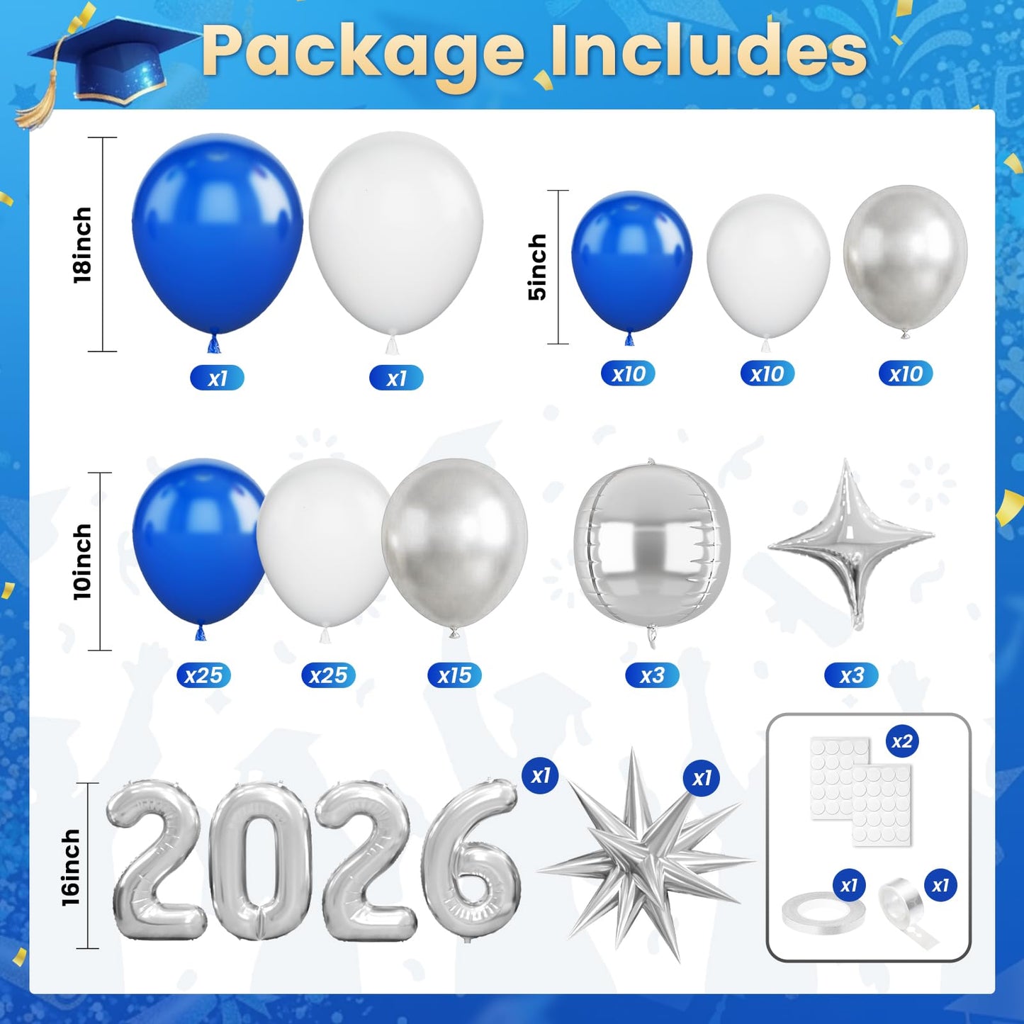 Blue Silver White Balloons Arch Kit, Blue White Balloon Arch with 4D Silver Star Graduation 2026 Foil Balloon Banner, Royal Metallic Balloons for Class of 2026 Graduation Decoration Birthday Party
