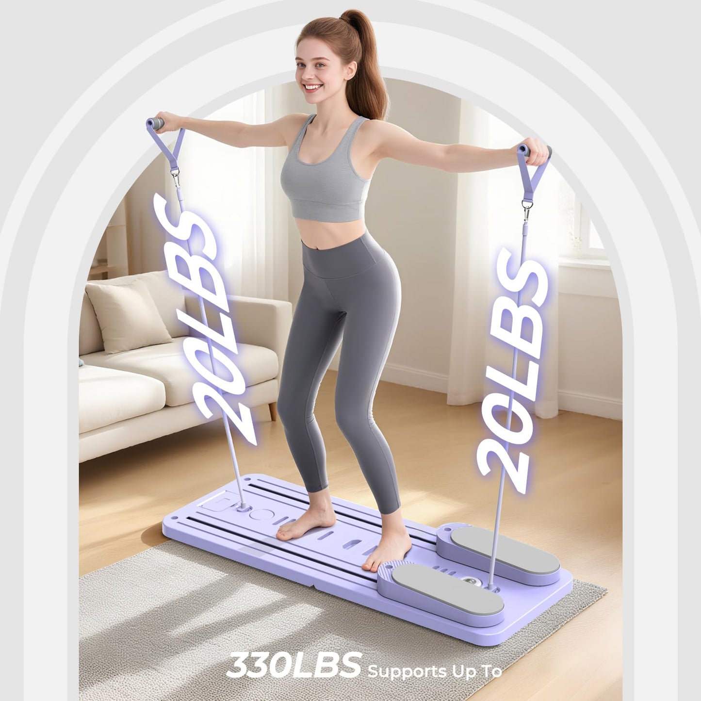 Multifunctional Pilates Board, Pilates Reformer Sets 7-in-1 Foldable Pilates Reformer Machine for Home Workout with Timer, Phone Holder, Push-up Bar, Ab Board, 330LBS Capacity Portable Set, Purple