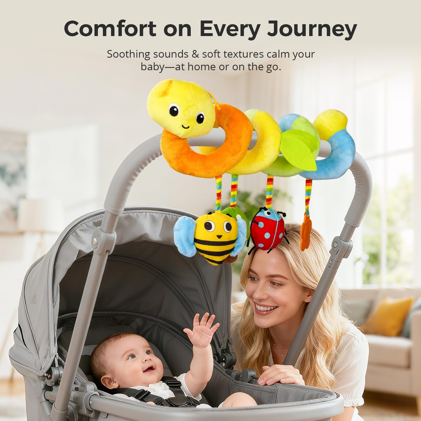 Car Seat Toys for Baby – Colorful Carseat Toys Hanging with Plush Teether & Rattles, Soft Sensory Car Seat Toy and Stroller Toys Set, Baby Car Seat Toy to Entertain and Soothe on The Go