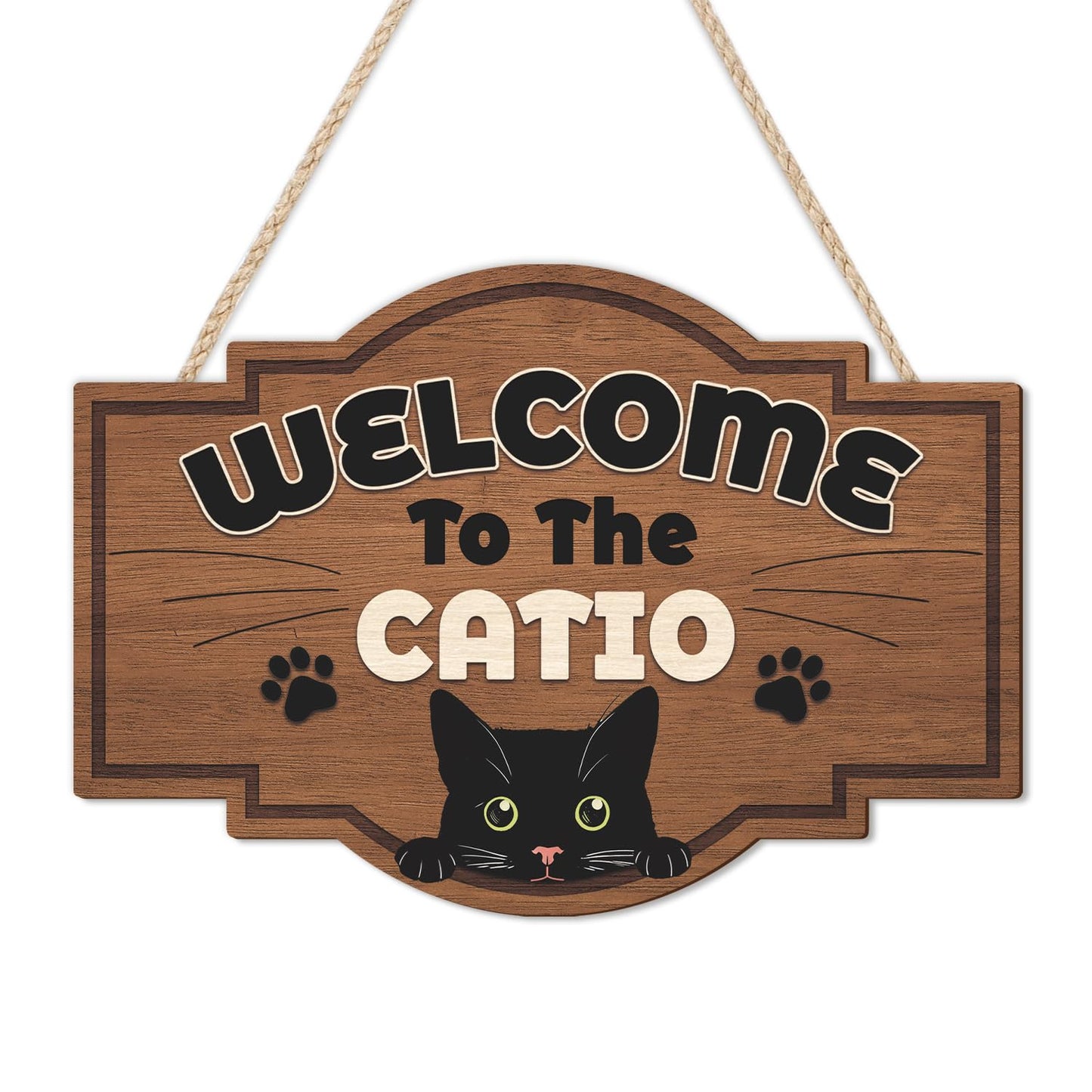HLNIUC Welcome To The Catio Wood Sign(11”x8”) Funny Black Cats Wall Decor,Cute Black Cat Door Signs,Cats Home Porch Hanging Plaque,Animal Welcome People Tolerated Sign for cat Lover Front Door
