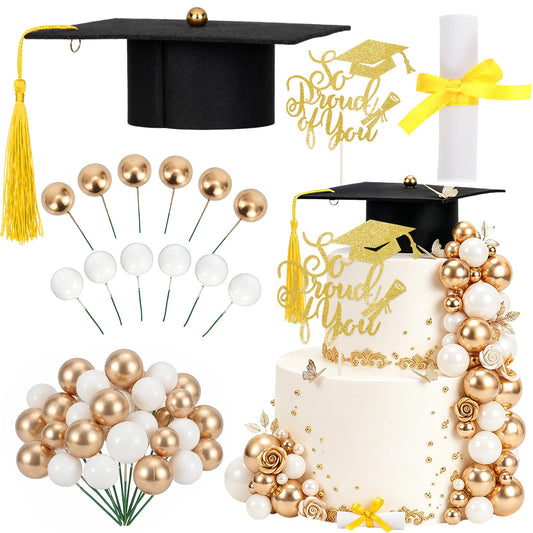 43 Pcs Graduation Cake Kit Included Felt Grad Cap with Tassel Grad Cake Topper Graduations Party Supplies So Proud of You Cupcake Topper for Congrats Senior High School College Party Decor(Gold White)