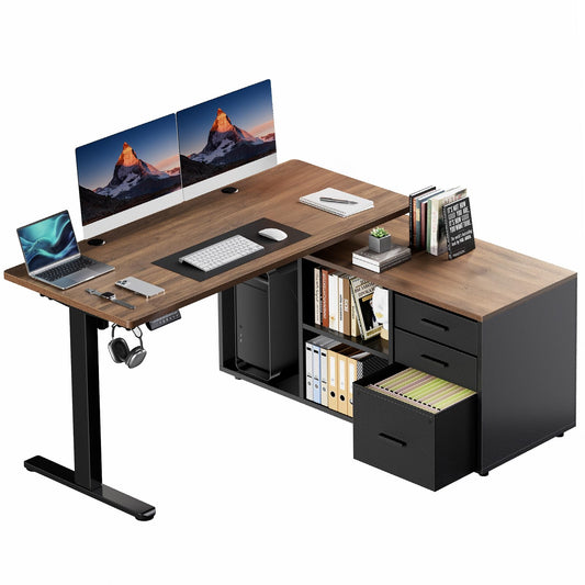 HUANUO L Shaped Standing Desk, Electric Executive Desk with Drawers, Adjustable Height Stand Up Desk, 55″ x 23.6″ One-Whole Piece Desktop, Home Office Computer Desk with 4 Memory Presets, Walnut