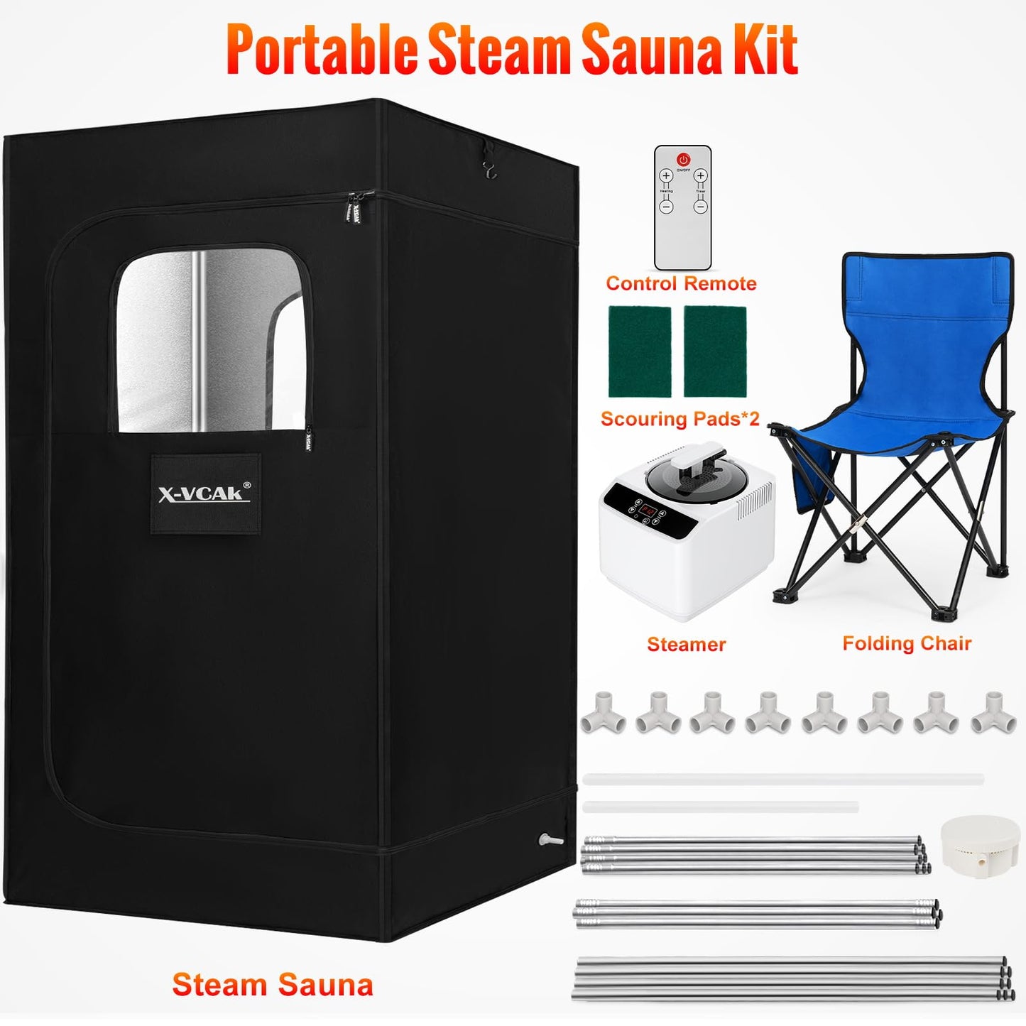 X-Vcak Upgraded Portable Sauna, Steam Sauna for Home with Steamer, Remote Control, Folding Chair, 9 Levels, 2.6’ x 2.6’ x 5.9’