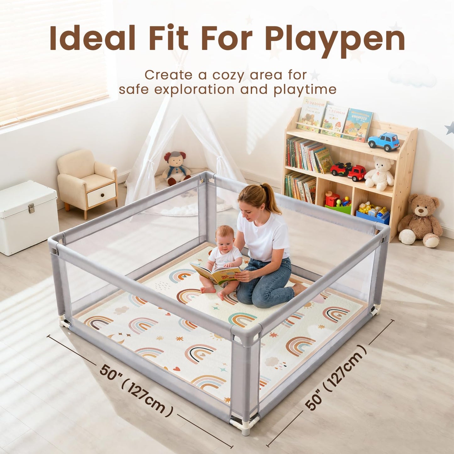 Omedecal 50"×50" Baby Play Mat for Floor & Playpen, 1.2" Thick High-density Foam Nursery Mat for Tummy Time, Soft Plush Carpet with Non-slip Bottom for Infant Toddler Baby Crawling & Playing (Rainbow)