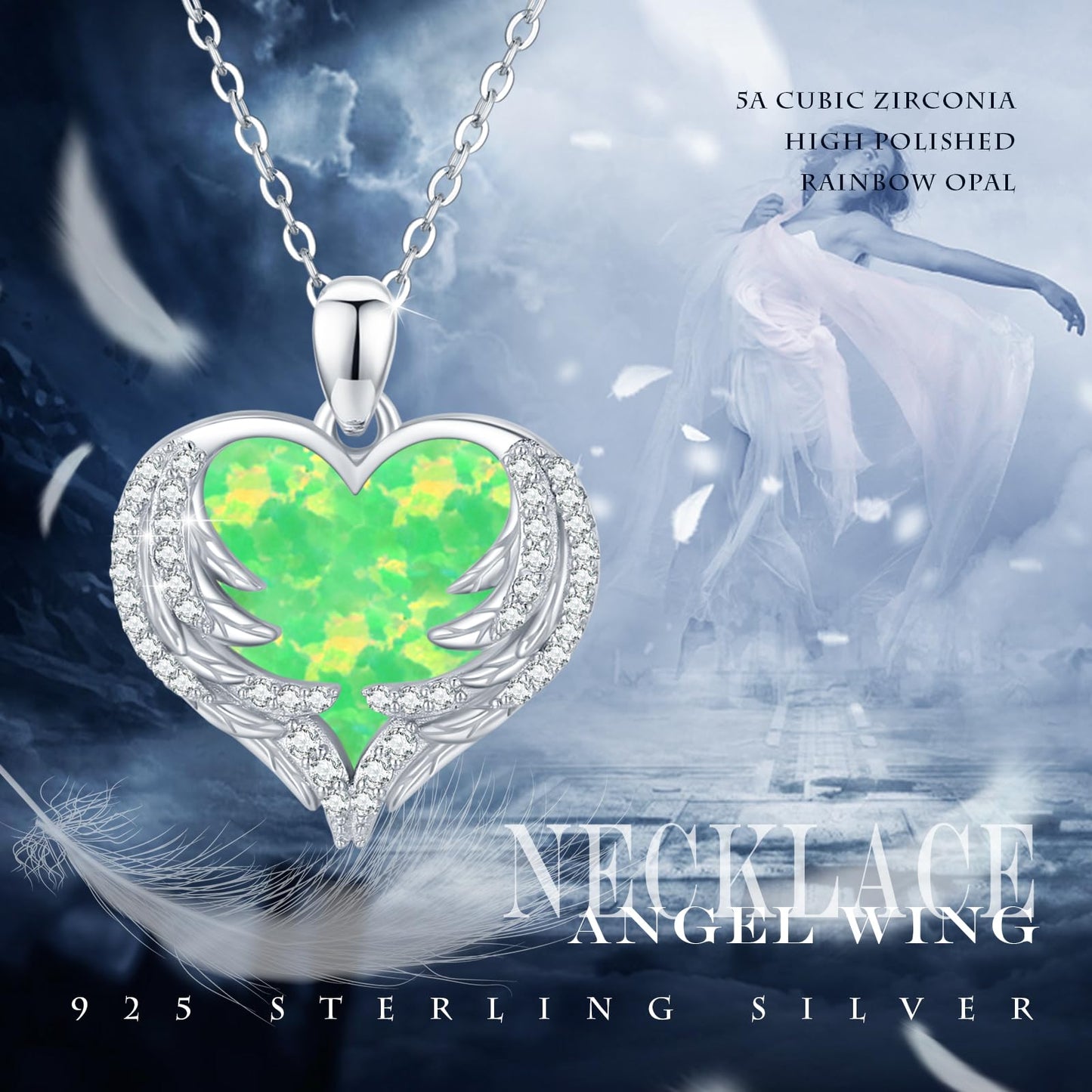 CUOKA MIRACLE Heart Necklace Angel Wing Heart Opal Necklace 925 Sterling Silver Women Necklace Guardian Angel Wings Pendant Necklace Dainty Opal Jewelry Birthday Gifts for Mom Women (Green Opal Wings)