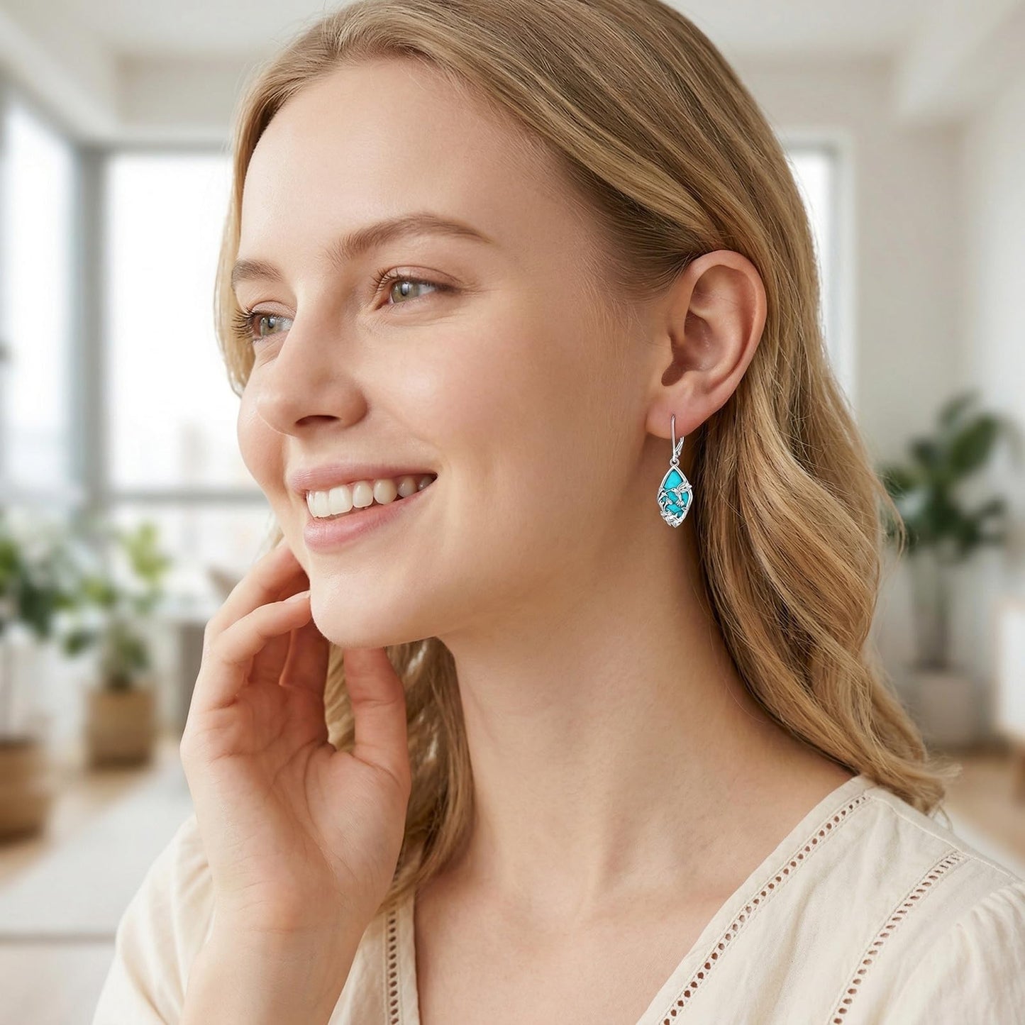 Eetaitai Hummingbird Earrings 925 Sterling Silver Natural Turquoise Jewelry Dangle Drop Earrings Western Boho Bird Flower Hummingbird Mothers Day Gifts for Mom Wife Sister
